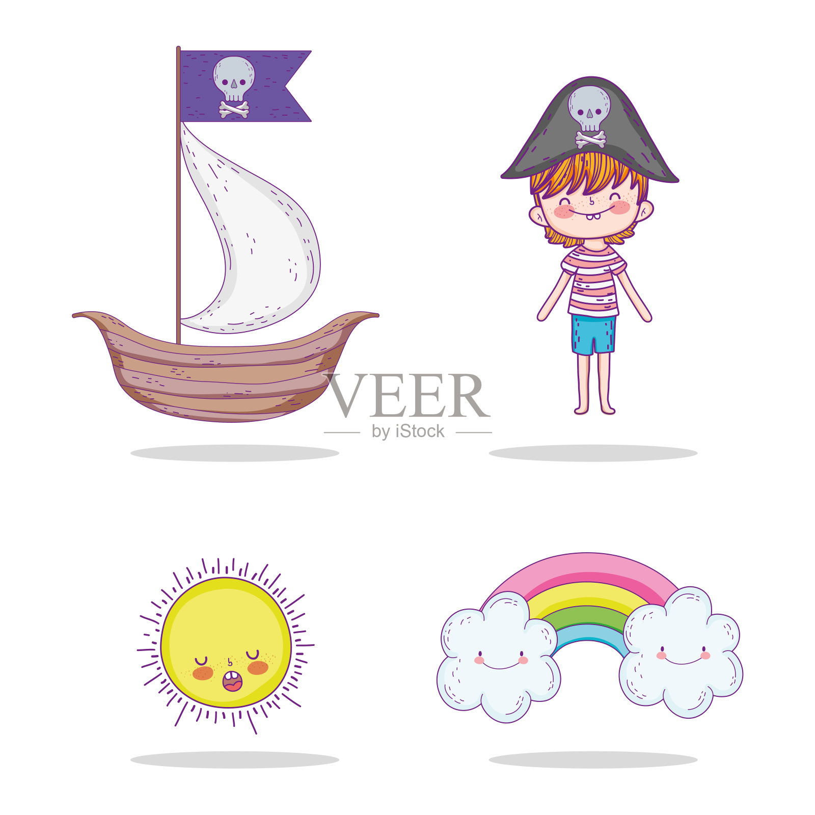 带着海盗男孩起航，带着彩虹升起太阳插画图片素材