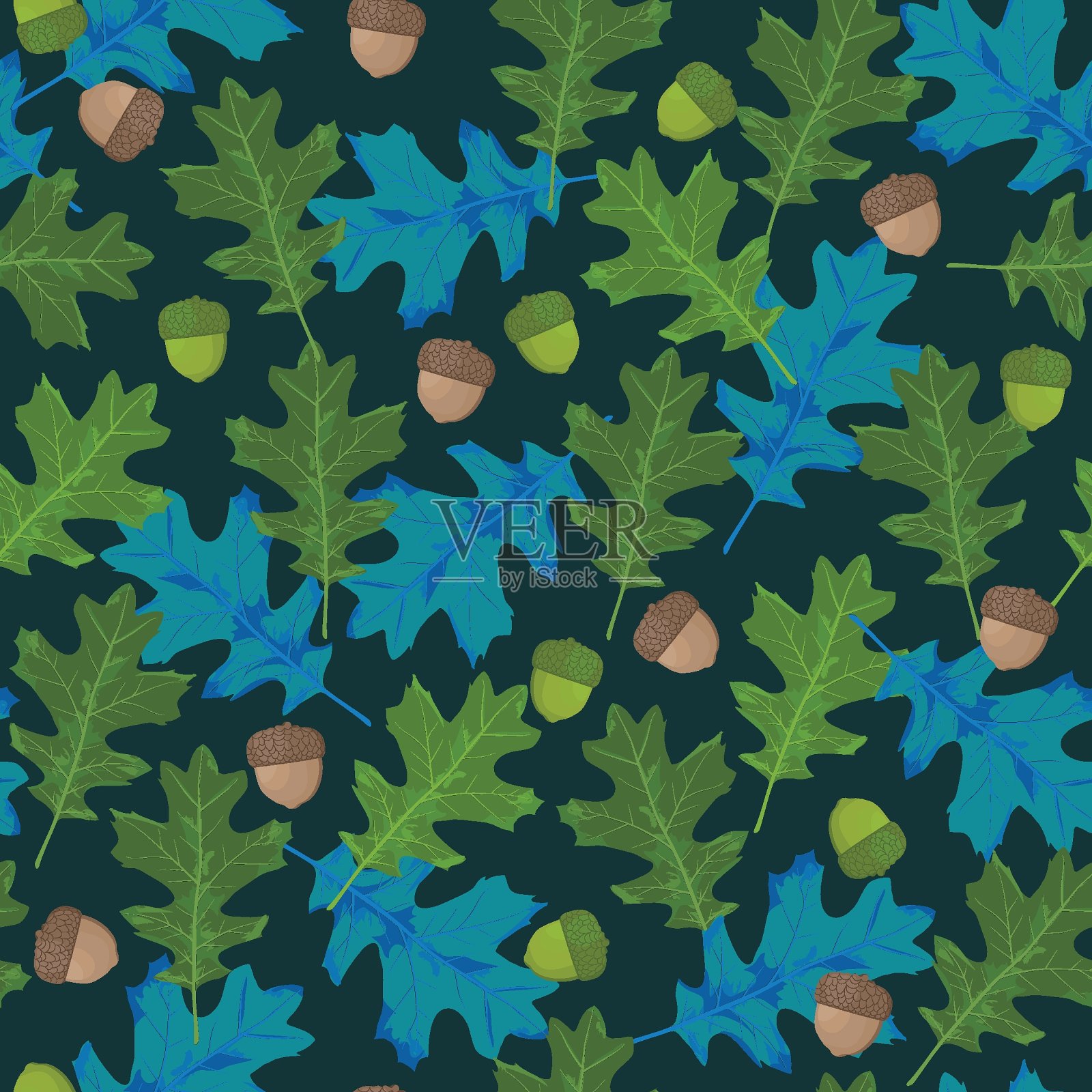 无缝矢量图案与秋天的叶子在季节的颜色。橡树叶和橡子在蓝绿色的背景-向量插画图片素材