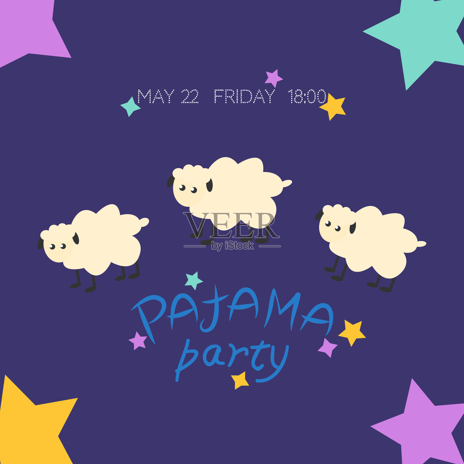 舒适的矢量插图与可爱的绵羊，星星和文字“睡衣派对”在明亮的颜色。插画图片素材