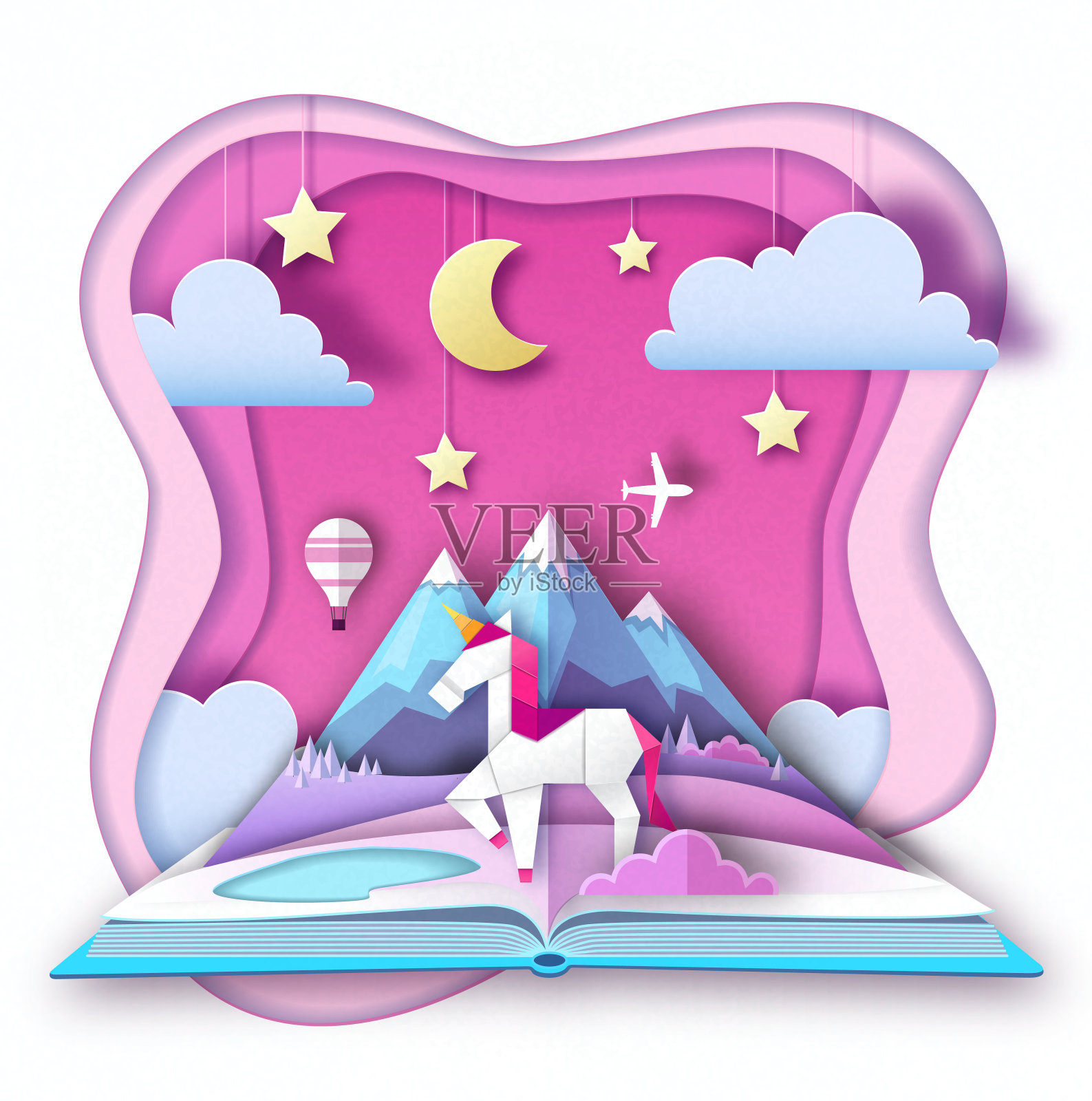 用独角兽和山景翻开童话书。剪纸艺术风格设计插画图片素材