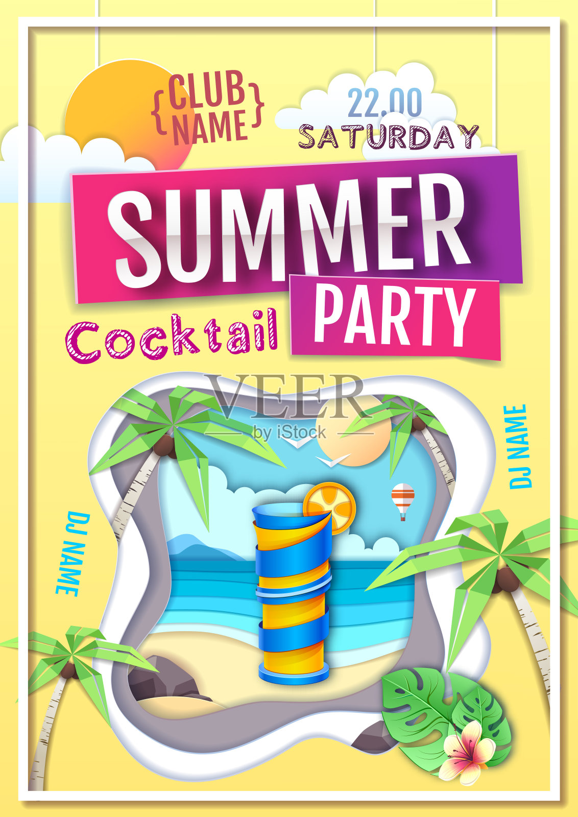 迪斯科夏季鸡尾酒会海报。剪纸艺术风格设计插画图片素材