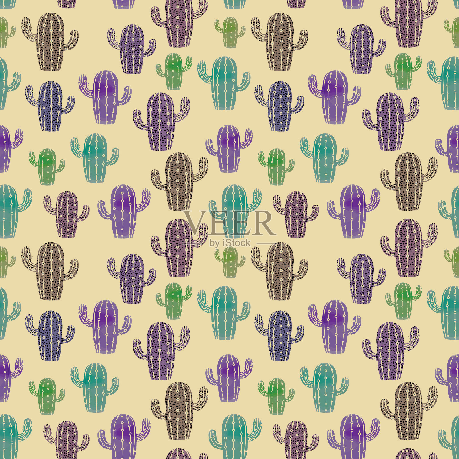 彩色仙人掌水彩画用水彩无缝图案。矢量插图时尚包装和纺织印花。设计元素图片