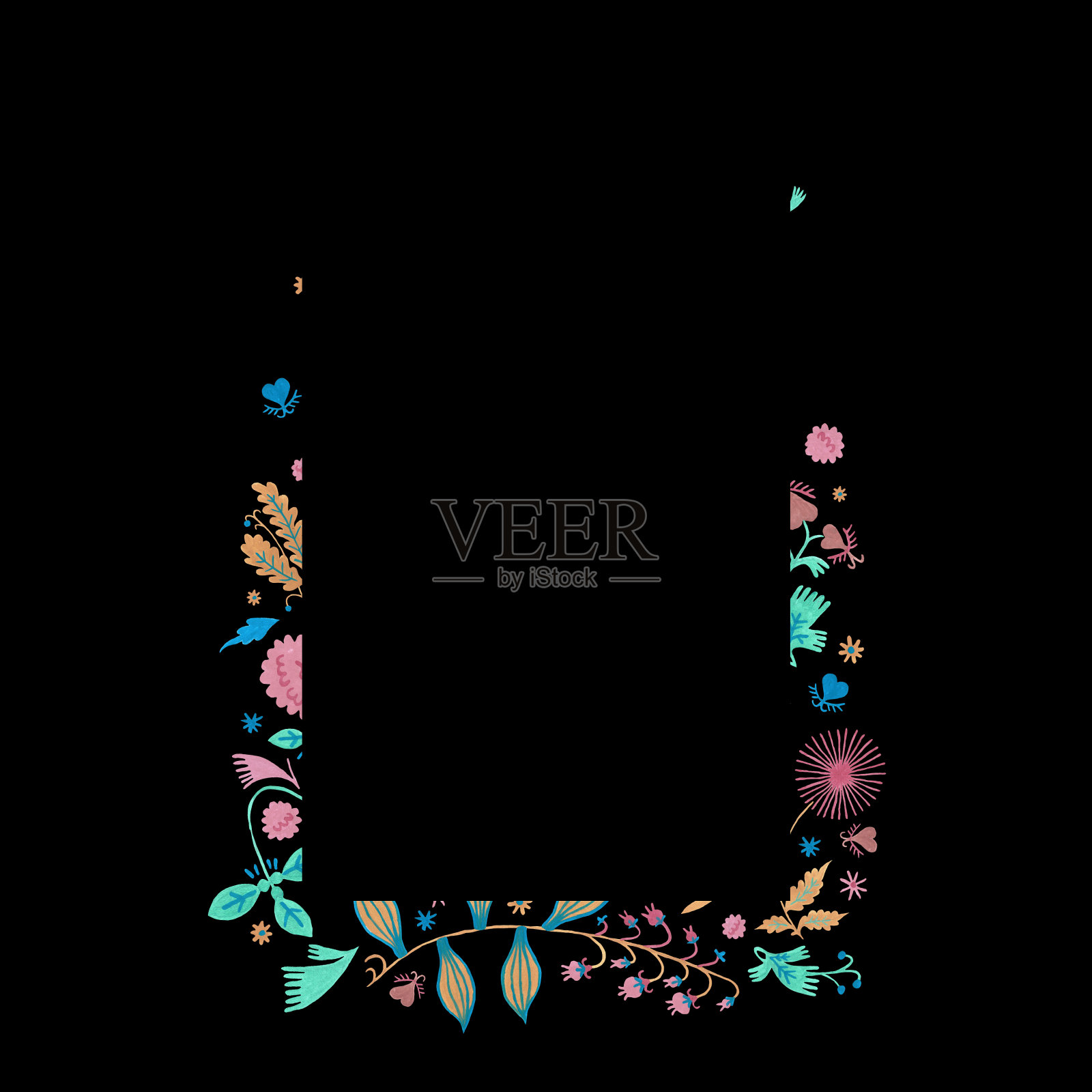 带有绿色叶子和花朵的花环在黑色背景上。花花环美容和沐浴天然产品。插画图片素材