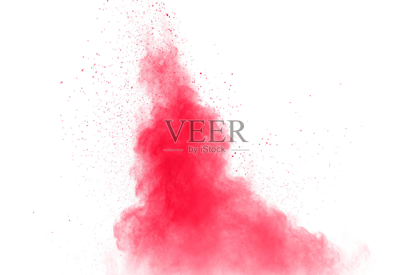 抽象的红色尘埃飞溅在白色背景上。红色粉末爆炸。冻结红色粒子飞溅的运动。照片摄影图片