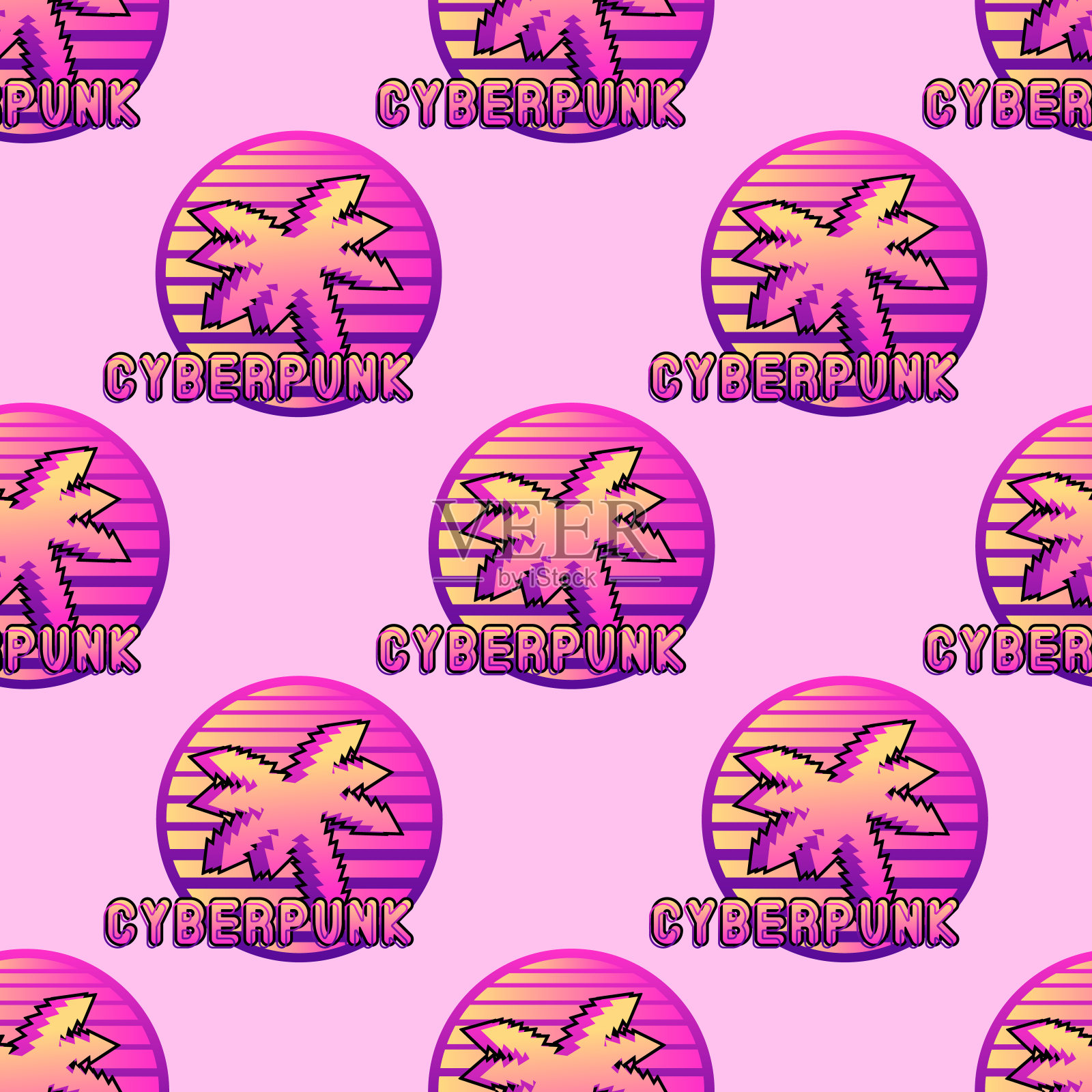 无缝模式与热带棕榈树剪影和文本“赛博朋克”。蒸汽波，复古美学。未来的数字矢量壁纸。粉红色的背景。插画图片素材