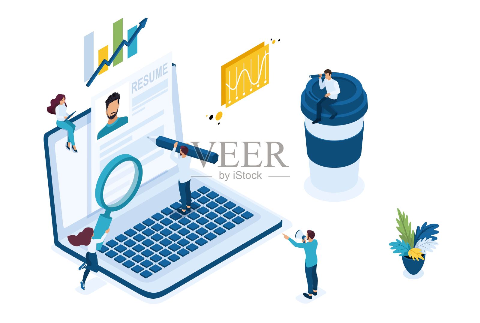 在互联网上等距搜索员工，招聘概念。网页设计的概念插画图片素材