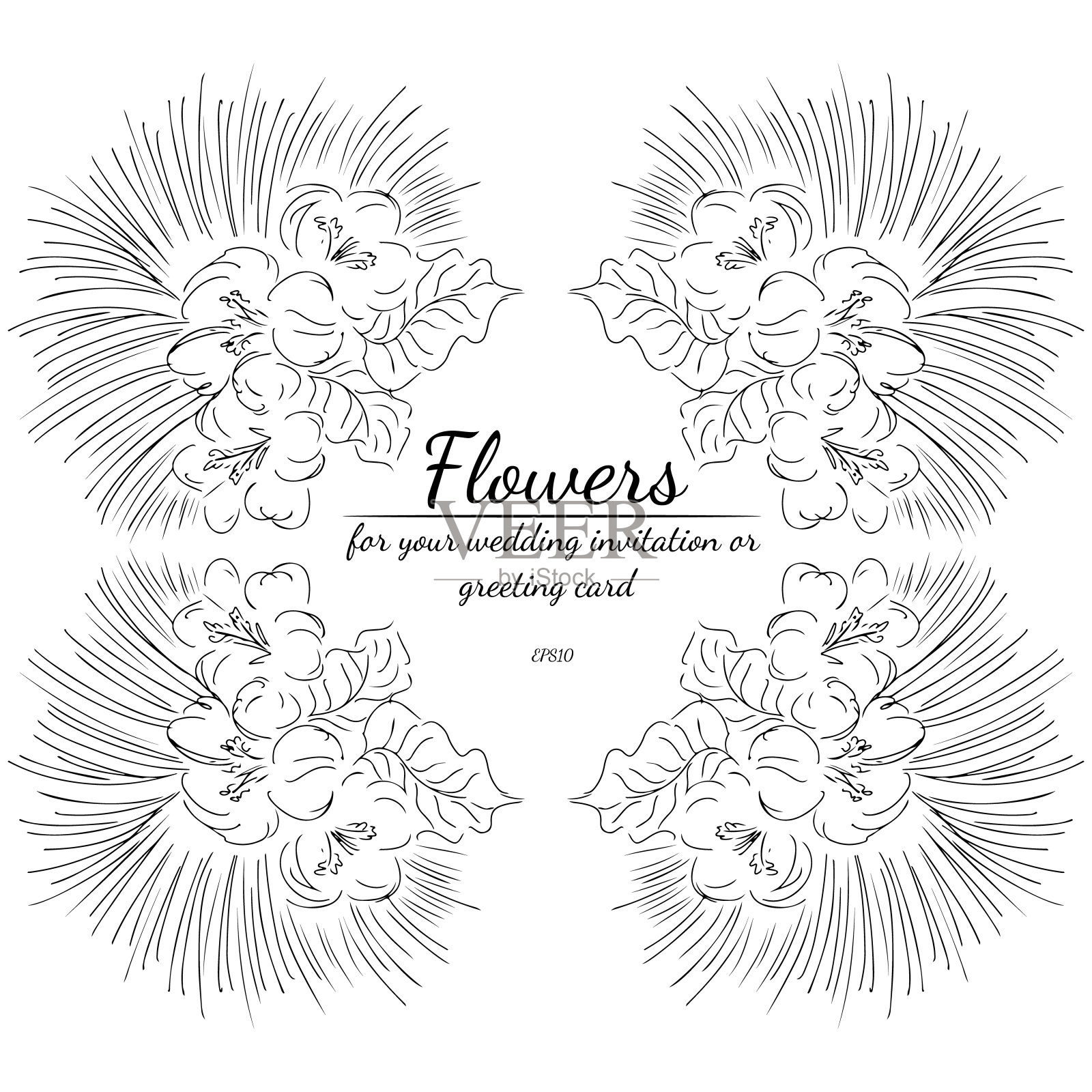 矢量手绘素描与热带叶和花孤立在白色的背景。异域植物设计元素，适用于婚礼请柬、化妆品、spa、香水、美容院等。线的艺术设计模板素材