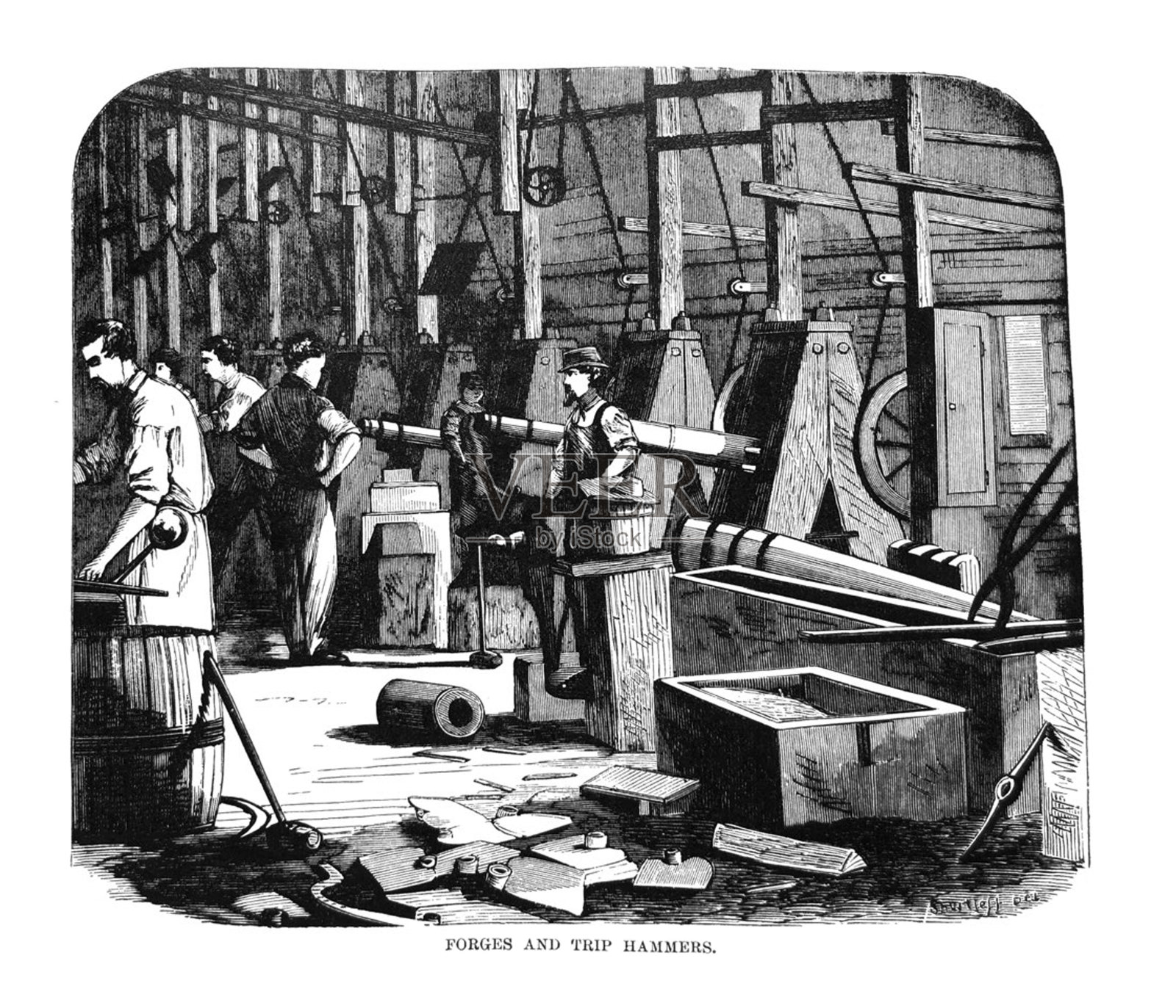 第一世纪美国插图- 1873 -锻造和锤-铁厂插画图片素材
