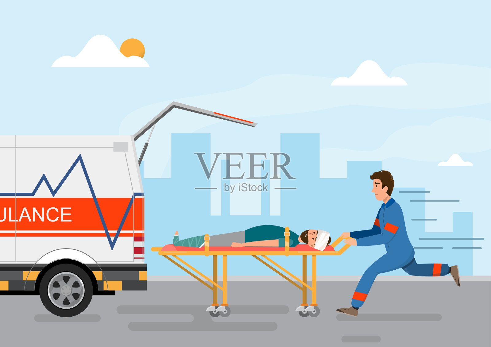 救护车医疗服务人员和男医护人员运送病人插画图片素材