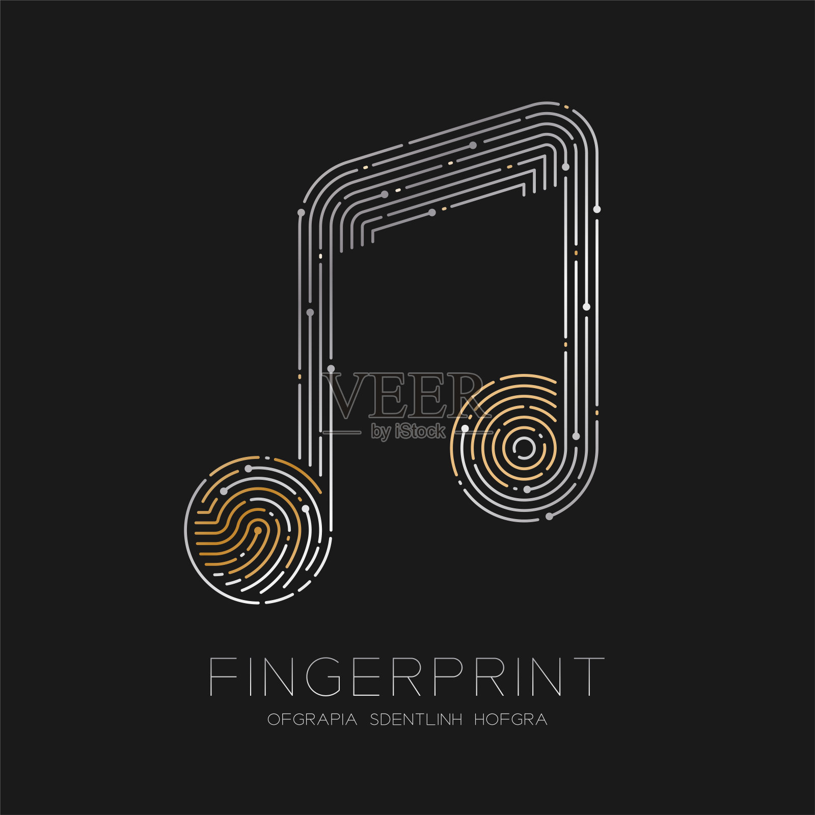 音乐音符标志图案指纹扫描标志图标dash line，音乐家概念，插图金色和银色孤立在黑色背景与指纹文本和空间，向量eps10插画图片素材