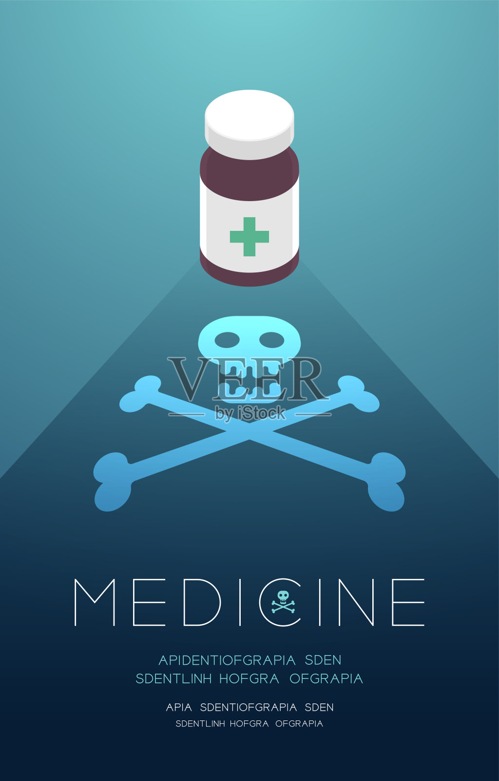药瓶与阴影和骷髅和交叉骨头标志，危险过期的概念创意海报或传单模板布局设计插图孤立在蓝色梯度背景与空间，矢量eps插画图片素材