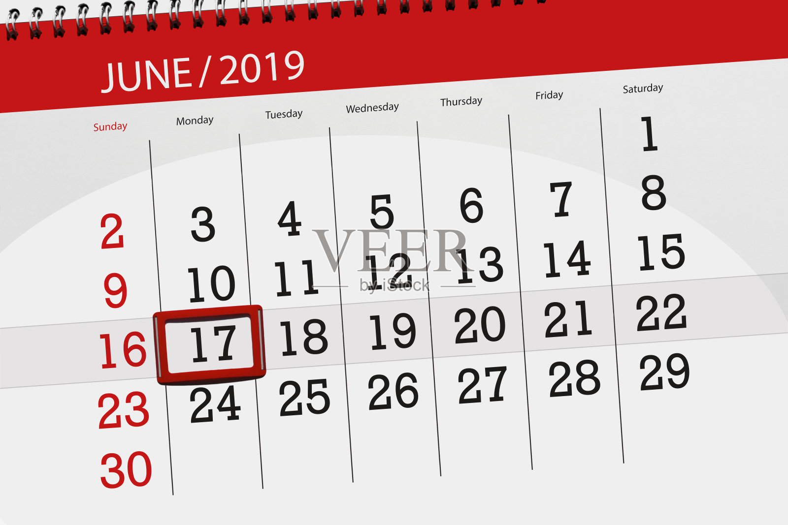 2019年6月的日历计划，截止日期，17日，星期一插画图片素材