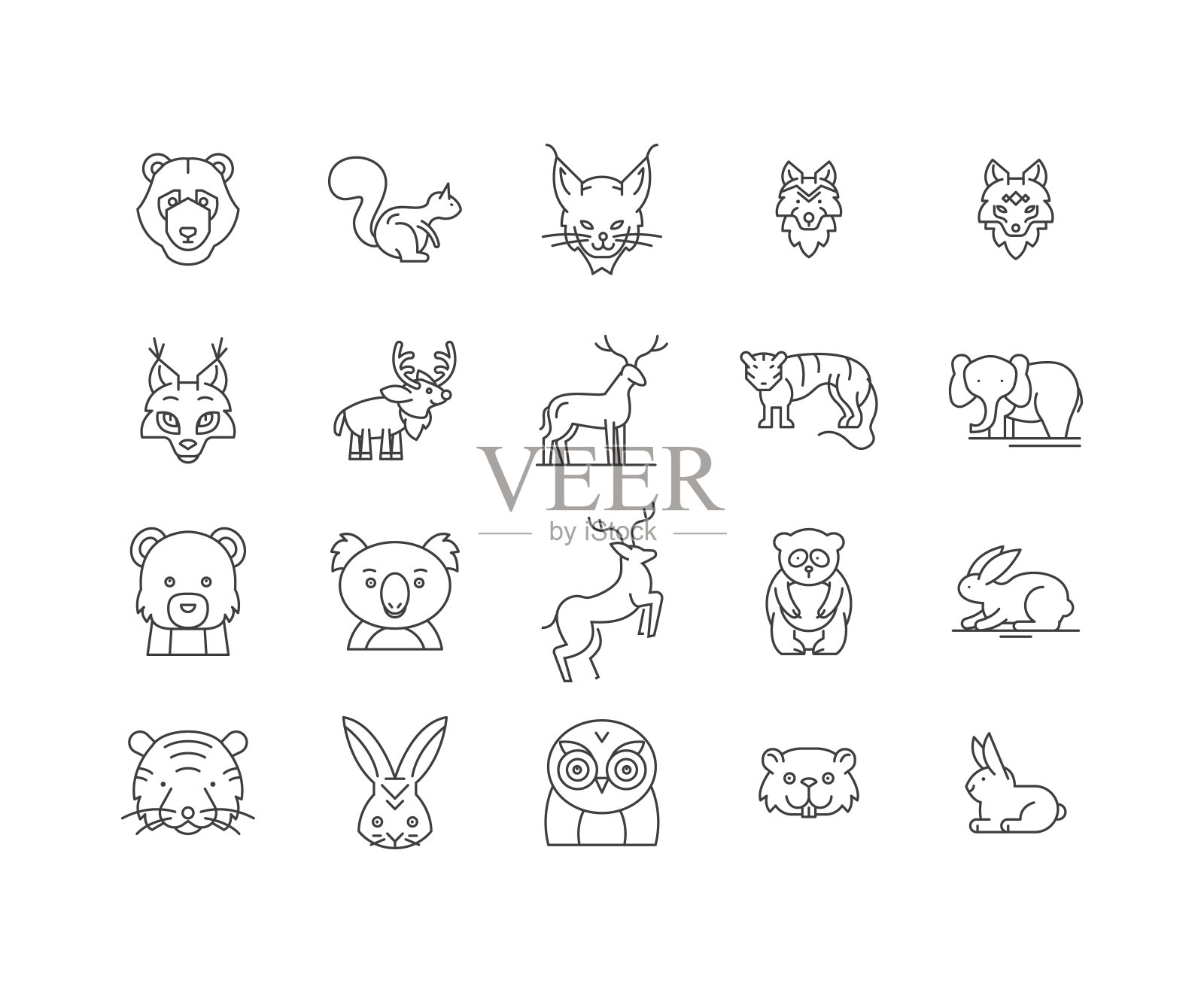 森林动物线图标，标志，矢量集，大纲插图概念图标素材