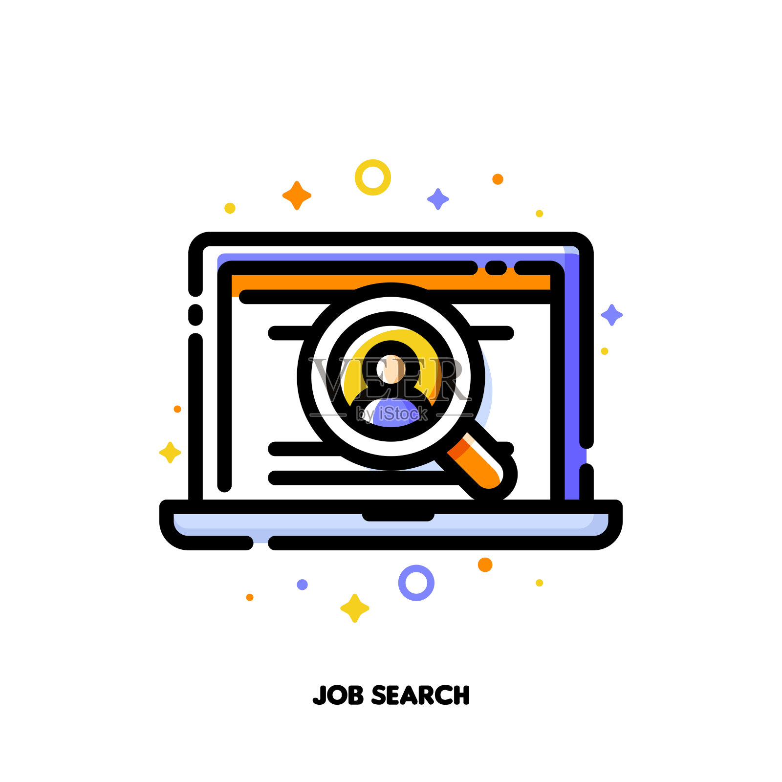 图标的笔记本电脑与候选人的个人资料内放大镜求职或专业人员招聘概念。平填充轮廓样式。像素完美64x64。可编辑的中风插画图片素材