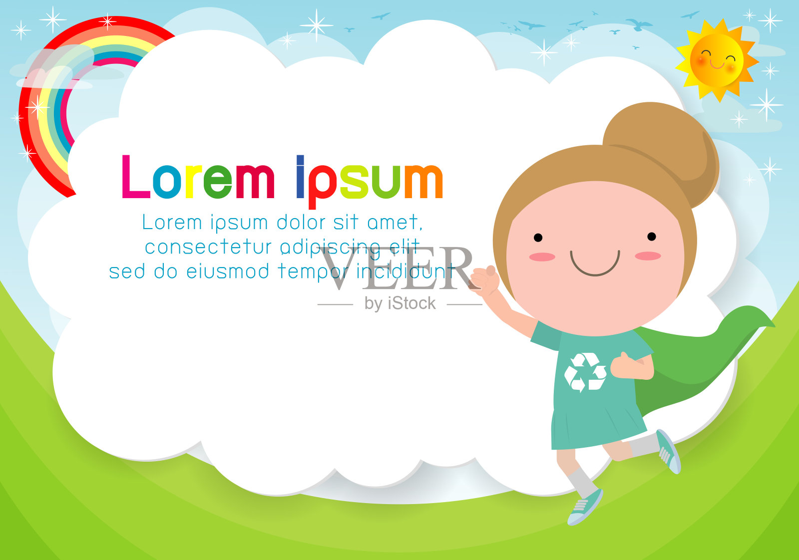 超级英雄小孩的背景。广告宣传册模板，你的文字。可爱的小超级英雄儿童。孩子和框架，孩子和框架。向量插画图片素材