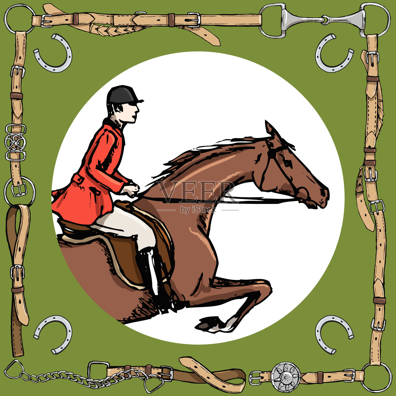 与骑手在带嚼子、马蹄铁的皮带框架内的马术运动。英国猎狐骑士红色夹克。插画图片素材