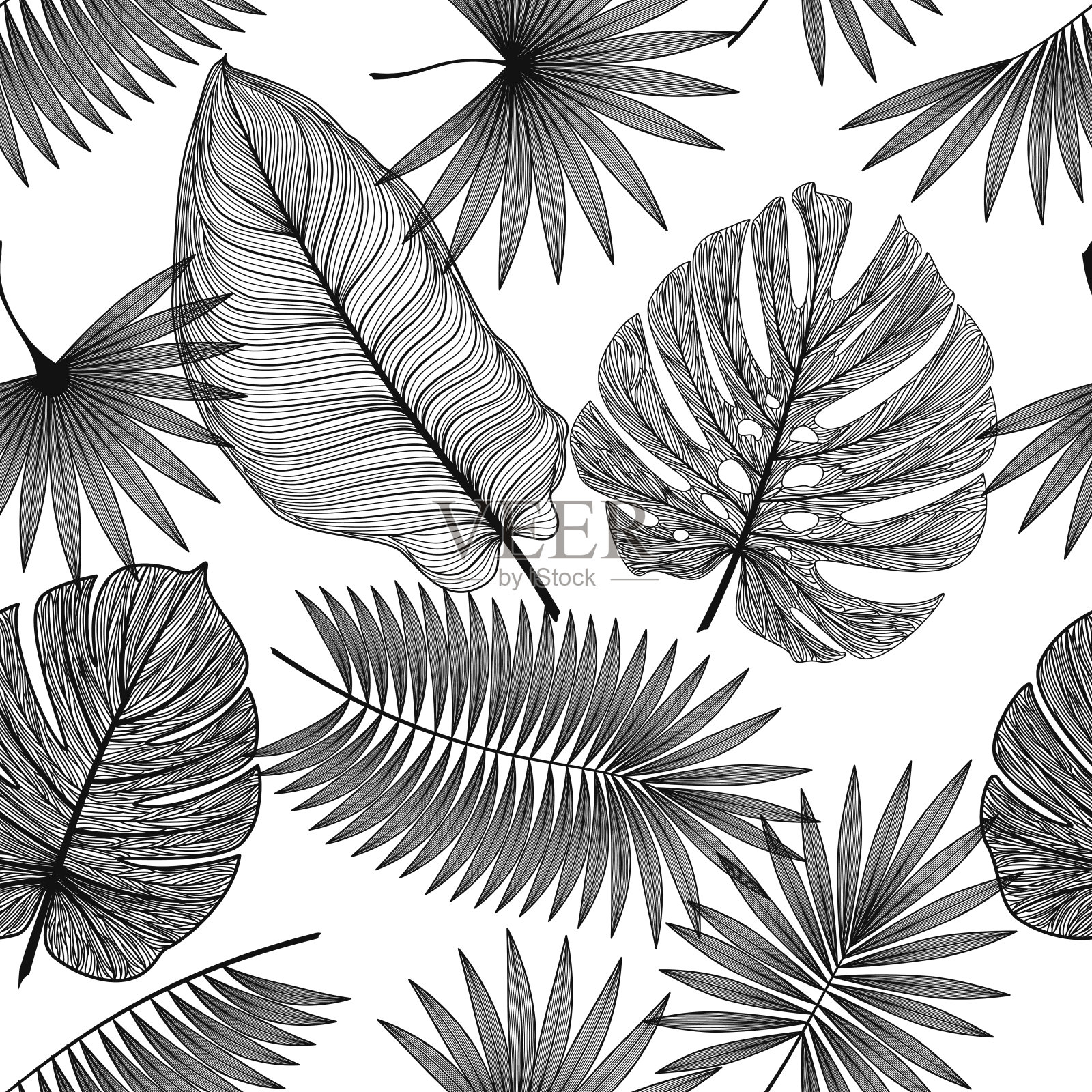 热带棕榈叶无缝图案插画图片素材