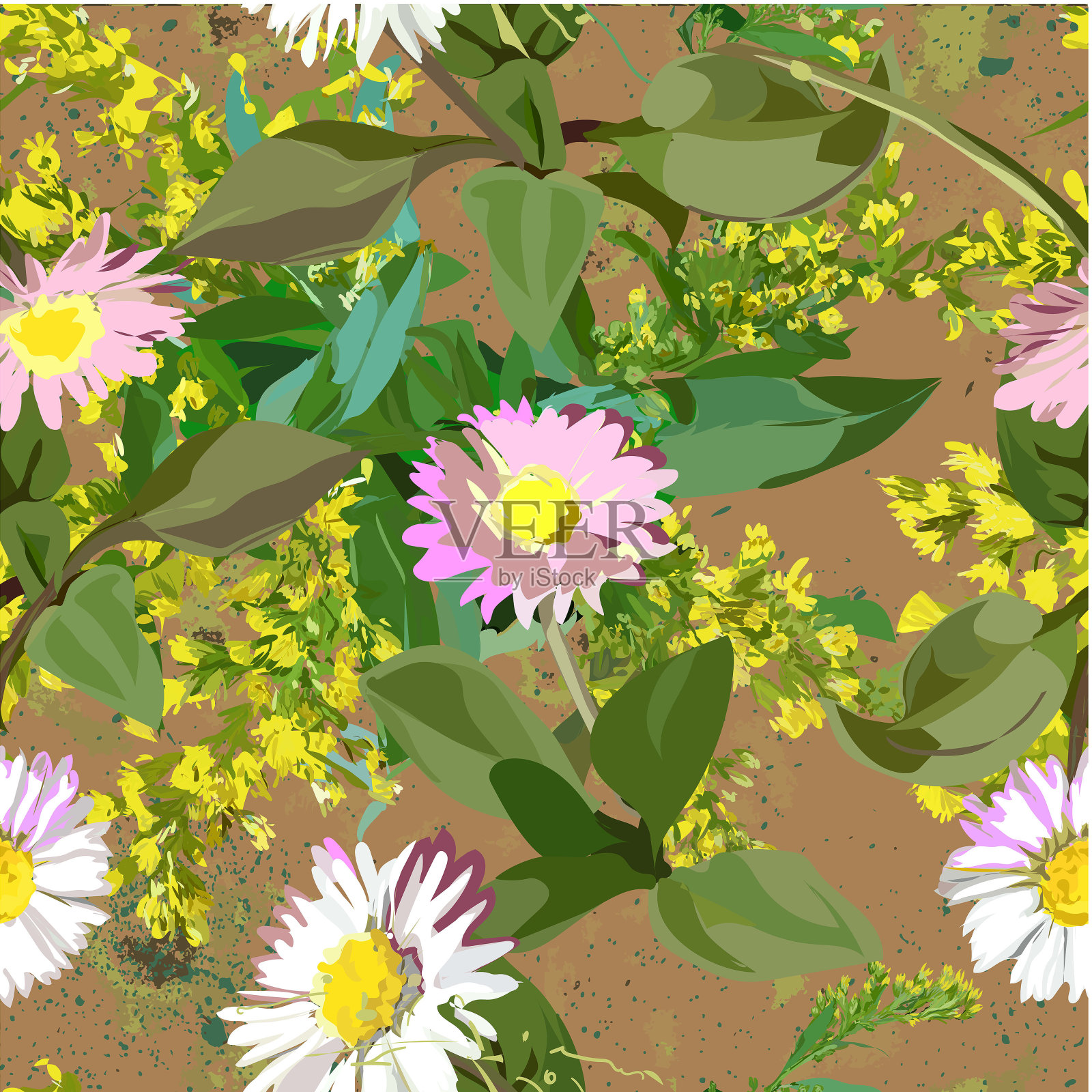 无缝模式。雏菊-白色的粉红色的花和黄色的含羞草，绿色的叶子。背景-棕色和保护，与绿色水彩飞溅。插画图片素材