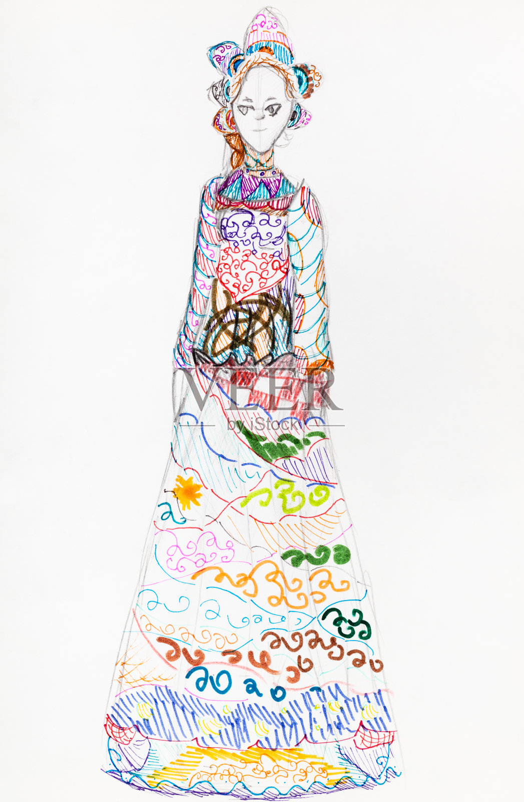 穿着民间长裙的女孩，用毛毡笔手绘插画图片素材