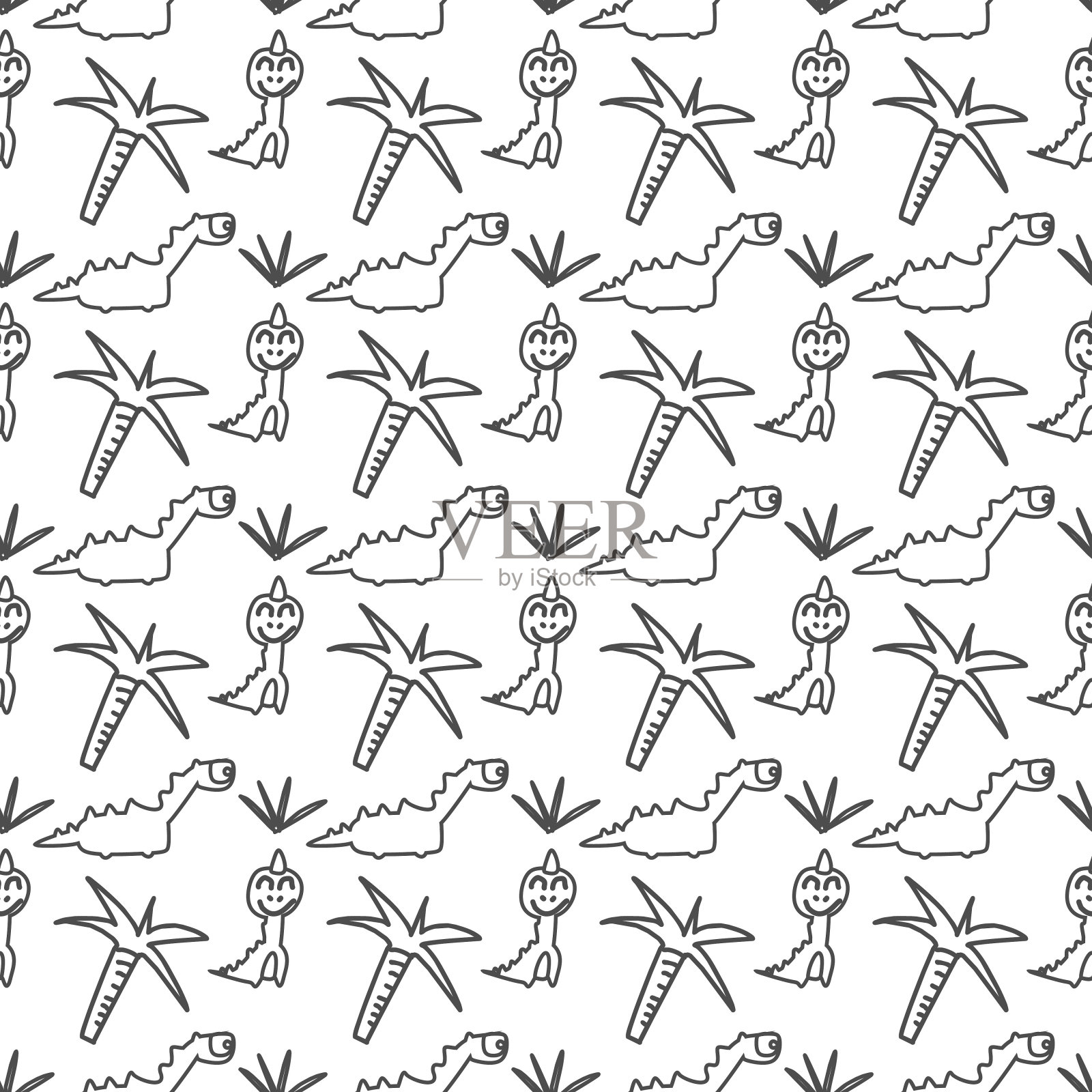 可爱有趣的小朋友恐龙涂鸦图案。线条艺术有趣的怪物动物恐龙无缝绘制背景时尚和织物织物印花。插画图片素材