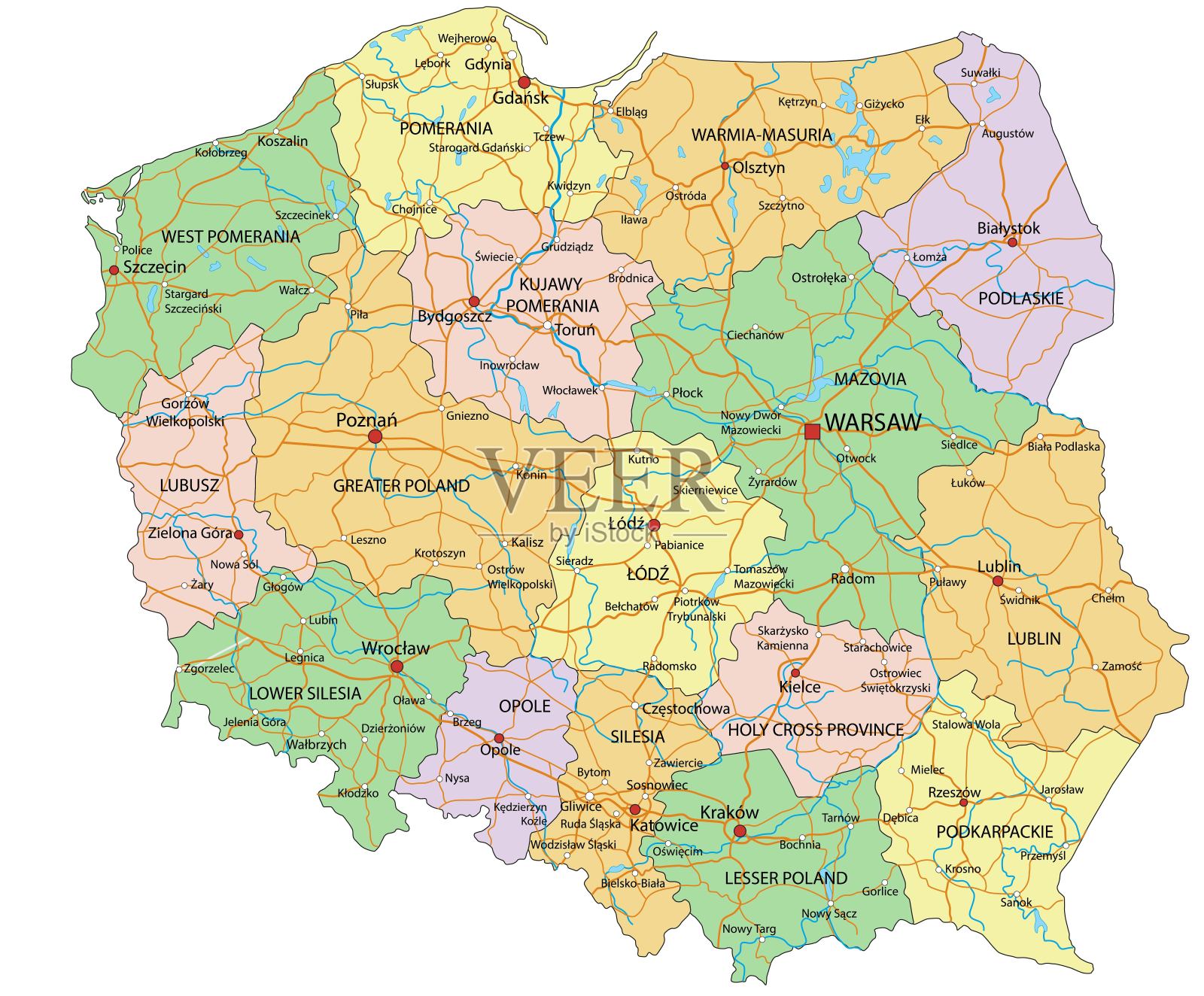 波兰-高度详细的可编辑的政治地图与标签。插画图片素材