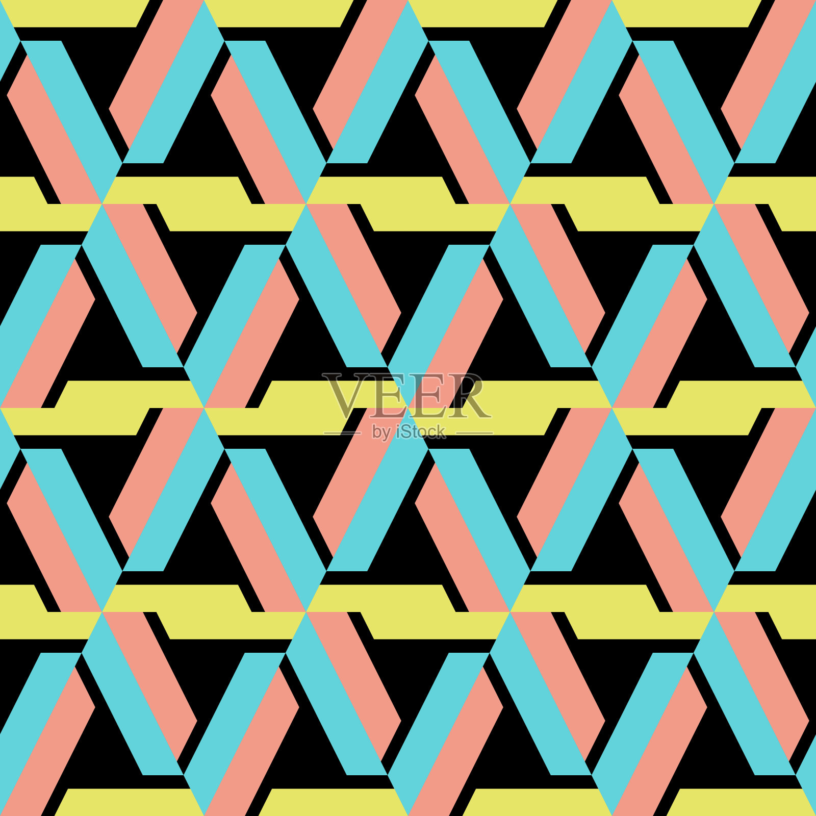 彩色几何抽象无缝图案与条纹时尚孤立在黑色背景。矢量插图时尚包装和纺织印花。插画图片素材