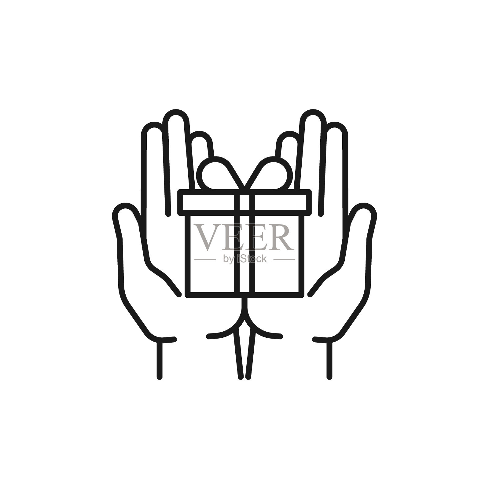 黑色孤立轮廓图标的礼品盒在白色的背景。线图标的礼盒和两个打开的手。给予，做一个礼物。插画图片素材