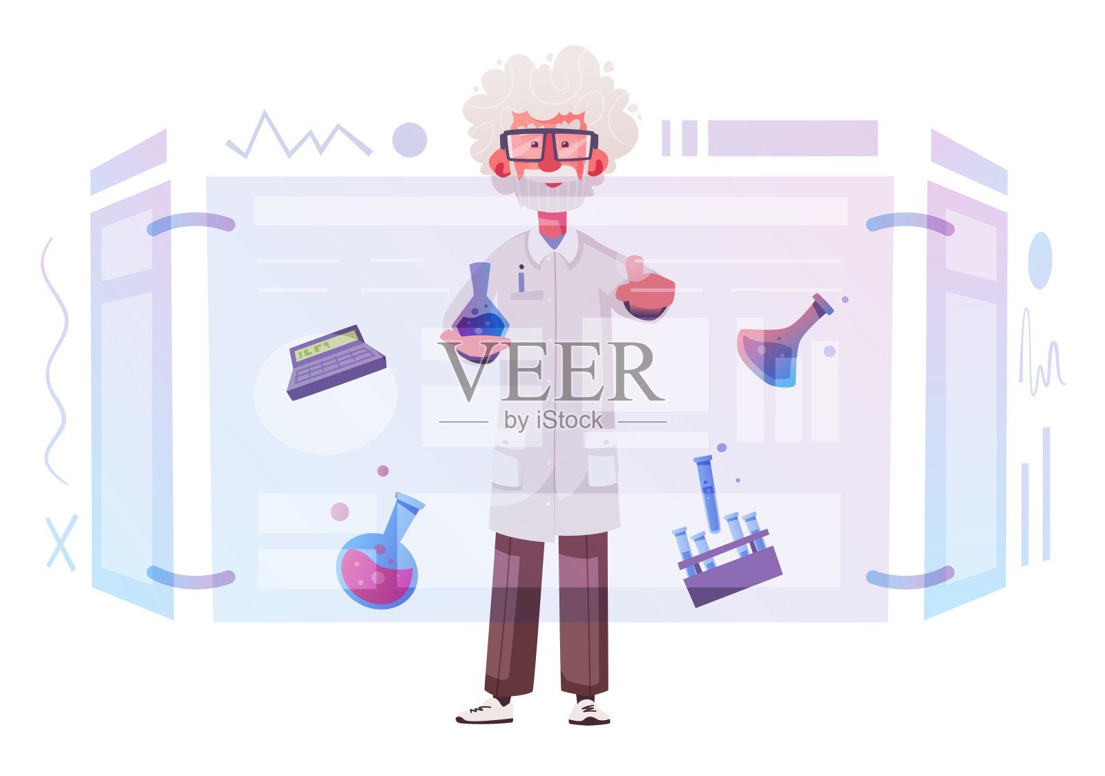 聪明的科学家角色。卡通矢量插图。医生正在研究插画图片素材