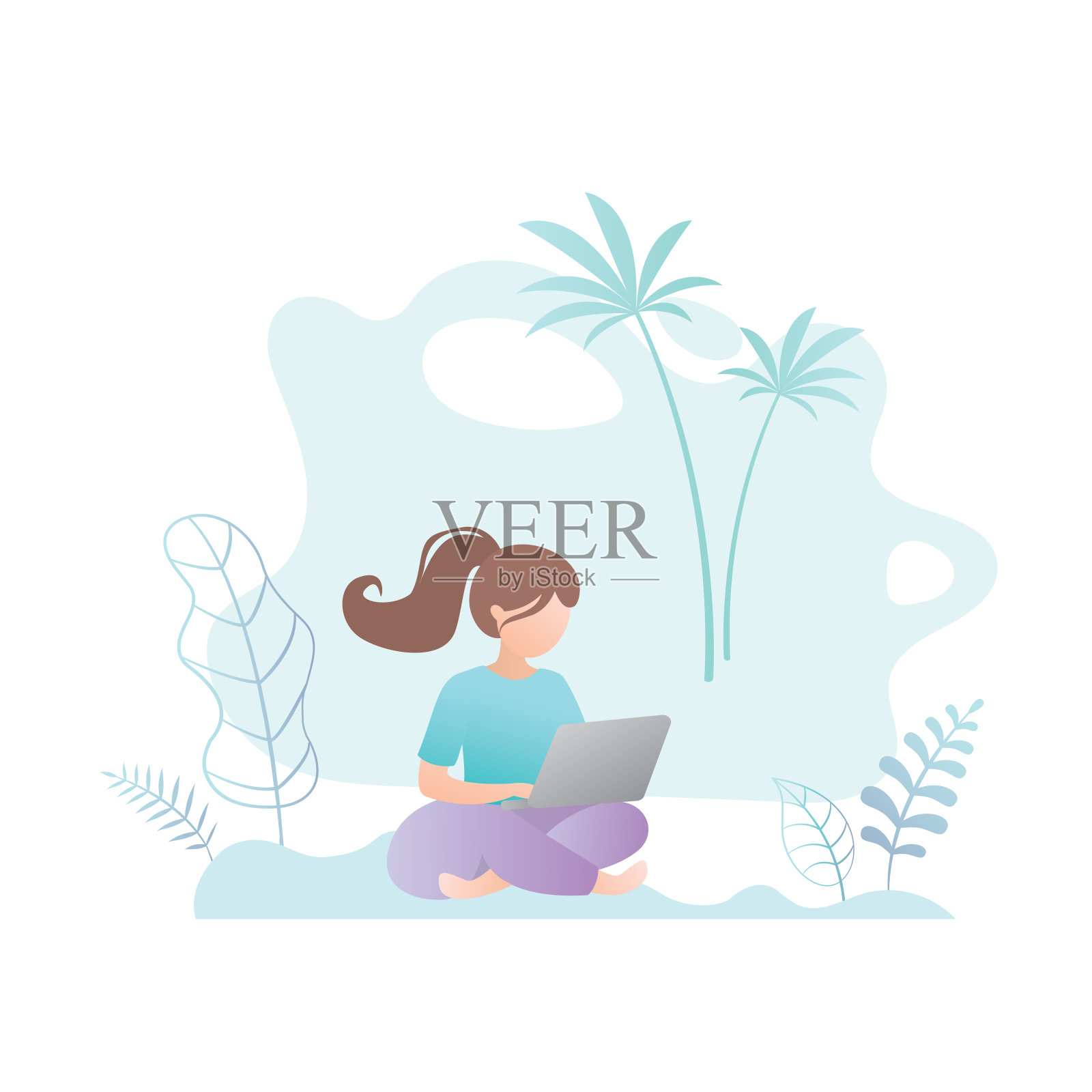 坐在海滩上的时髦女孩，拿着笔记本电脑的自由女作家，插画图片素材