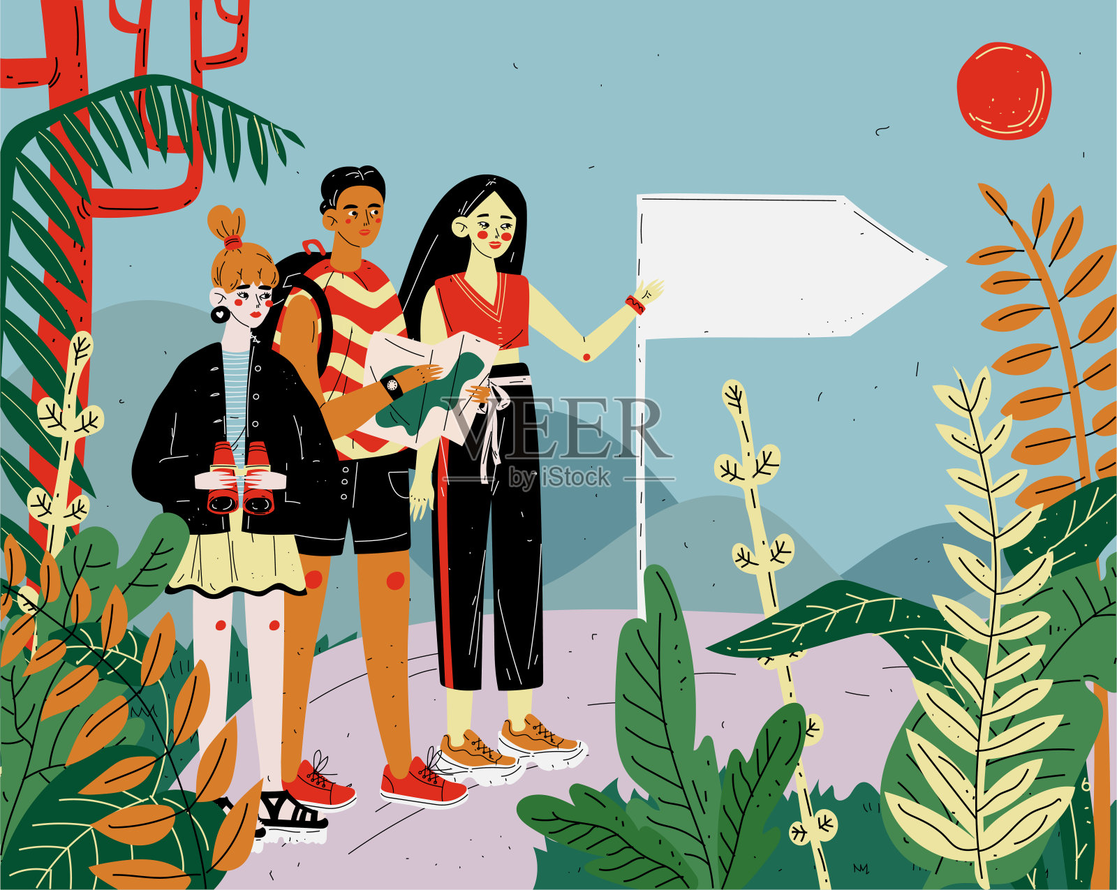 朋友游客徒步旅行，旅行和徒步旅行。旅行，假期，假期和冒险。插画图片素材