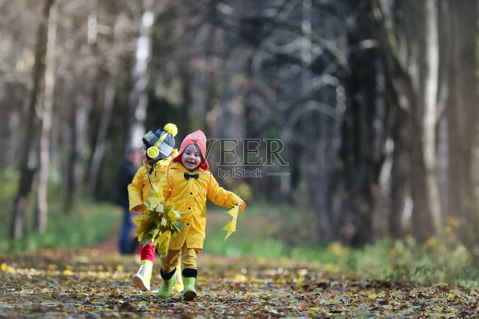 孩子们在秋天的公园里散步照片摄影图片