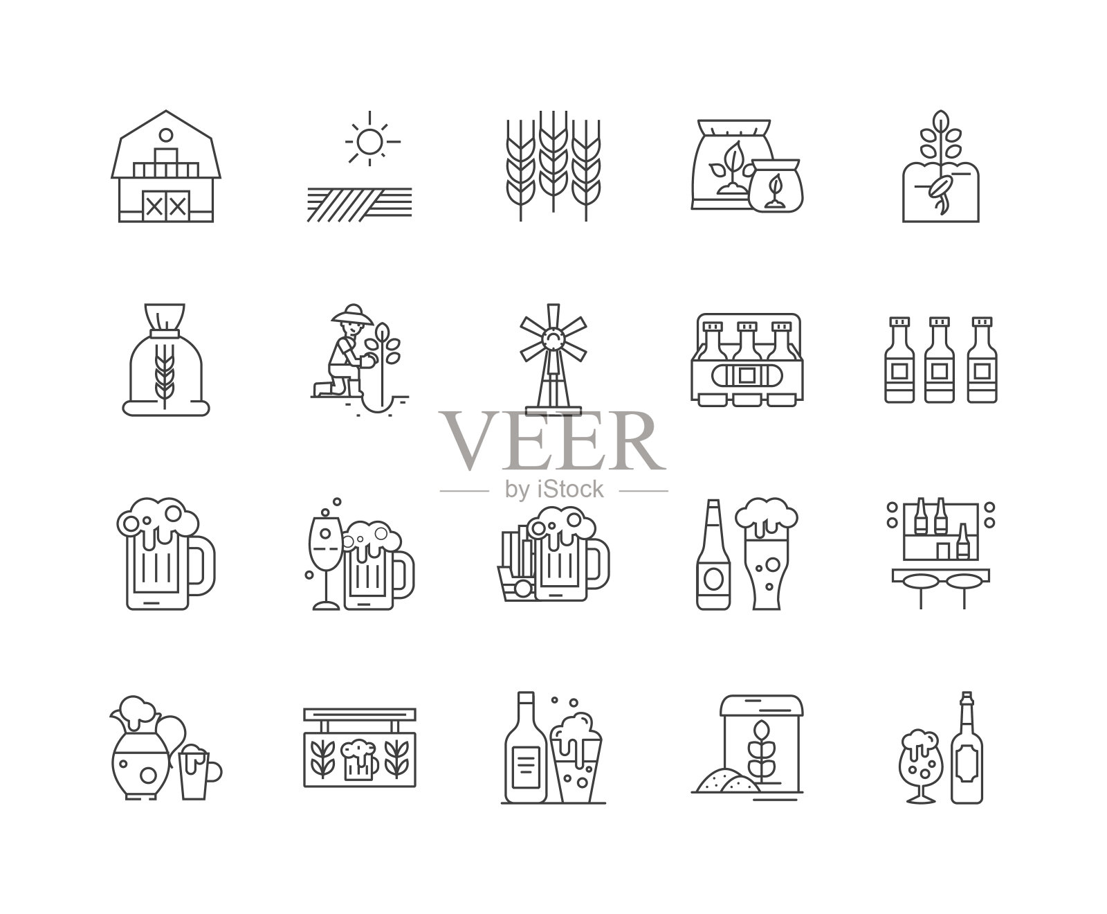 啤酒厂线图标，标志，向量集，轮廓插图的概念图标素材