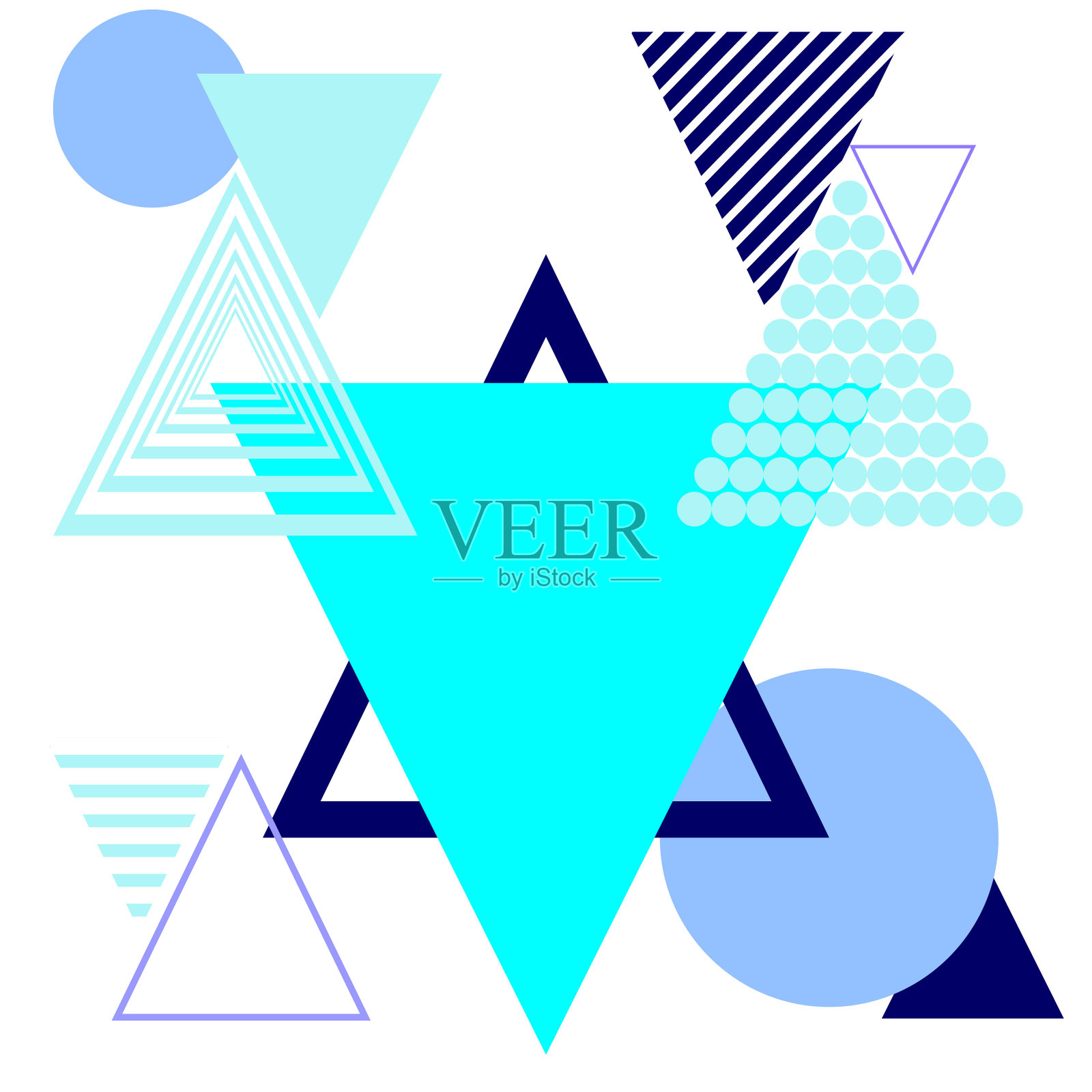 经典的三角形和圆形几何时尚图案。抽象的蓝色在白色背景矢量插图。插画图片素材