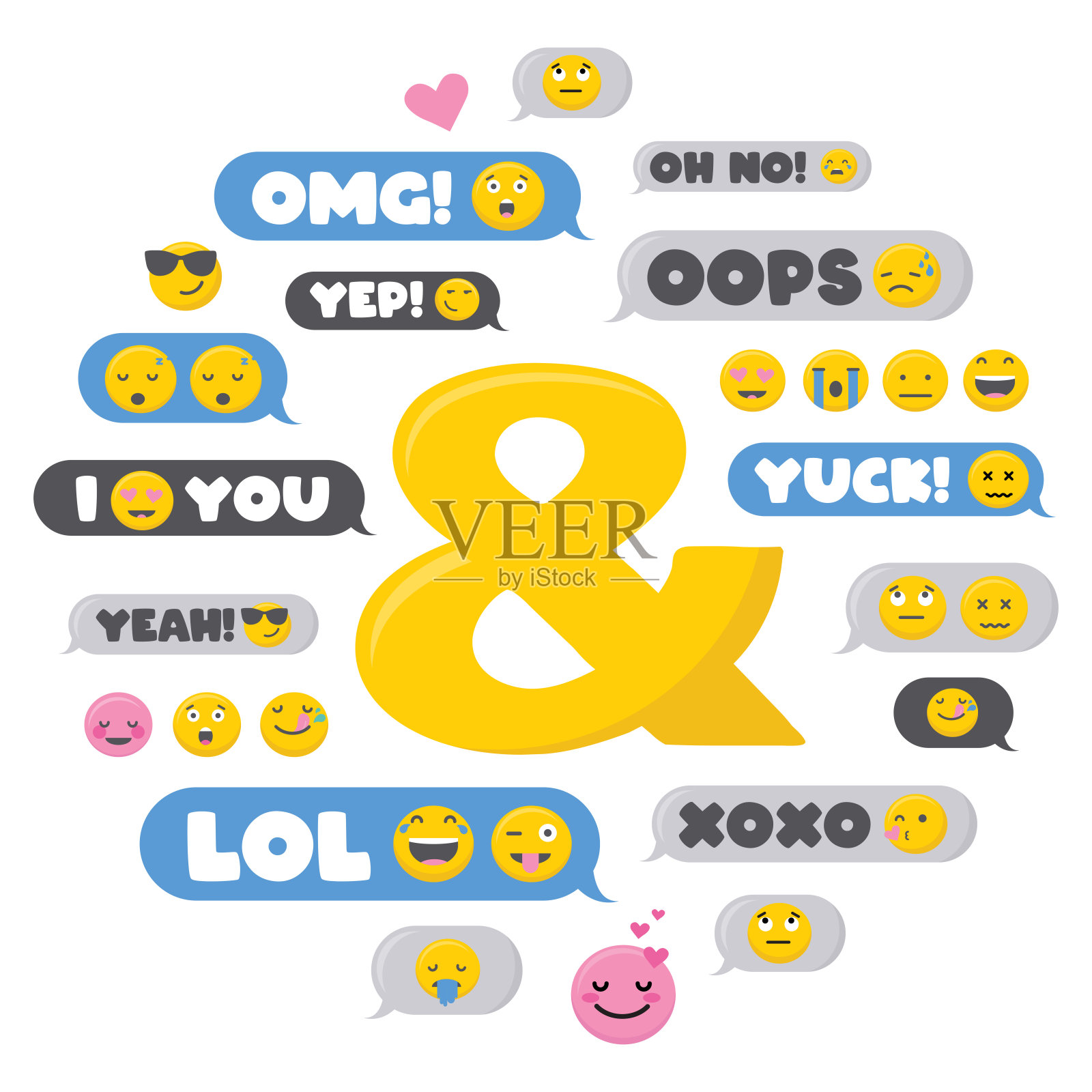 设置SMS气泡信息与对话框单词和表情符号矢量插画图片素材