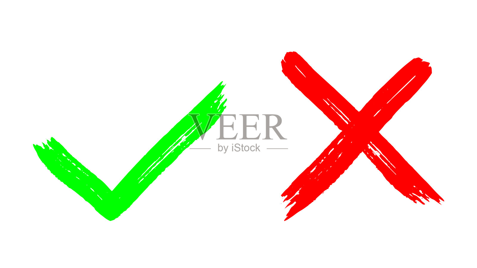 两个肮脏的垃圾手绘与笔触交叉x和勾确定检查标记矢量插图隔离在白色背景上。检查标记符号NO和YES按钮投票复选框，网络等。插画图片素材