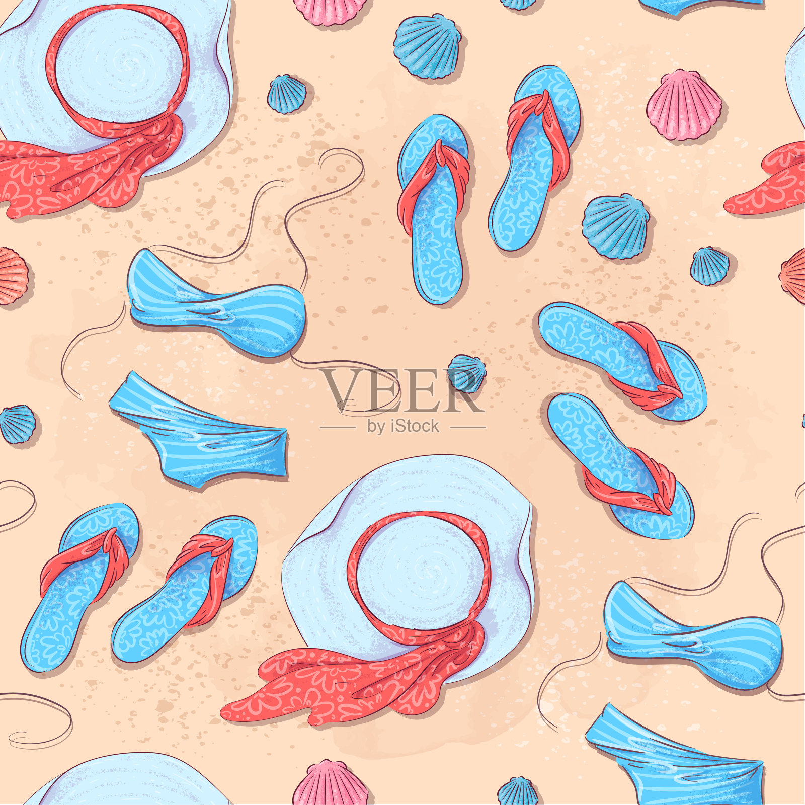 无缝图案沙滩沙配件。矢量图插画图片素材