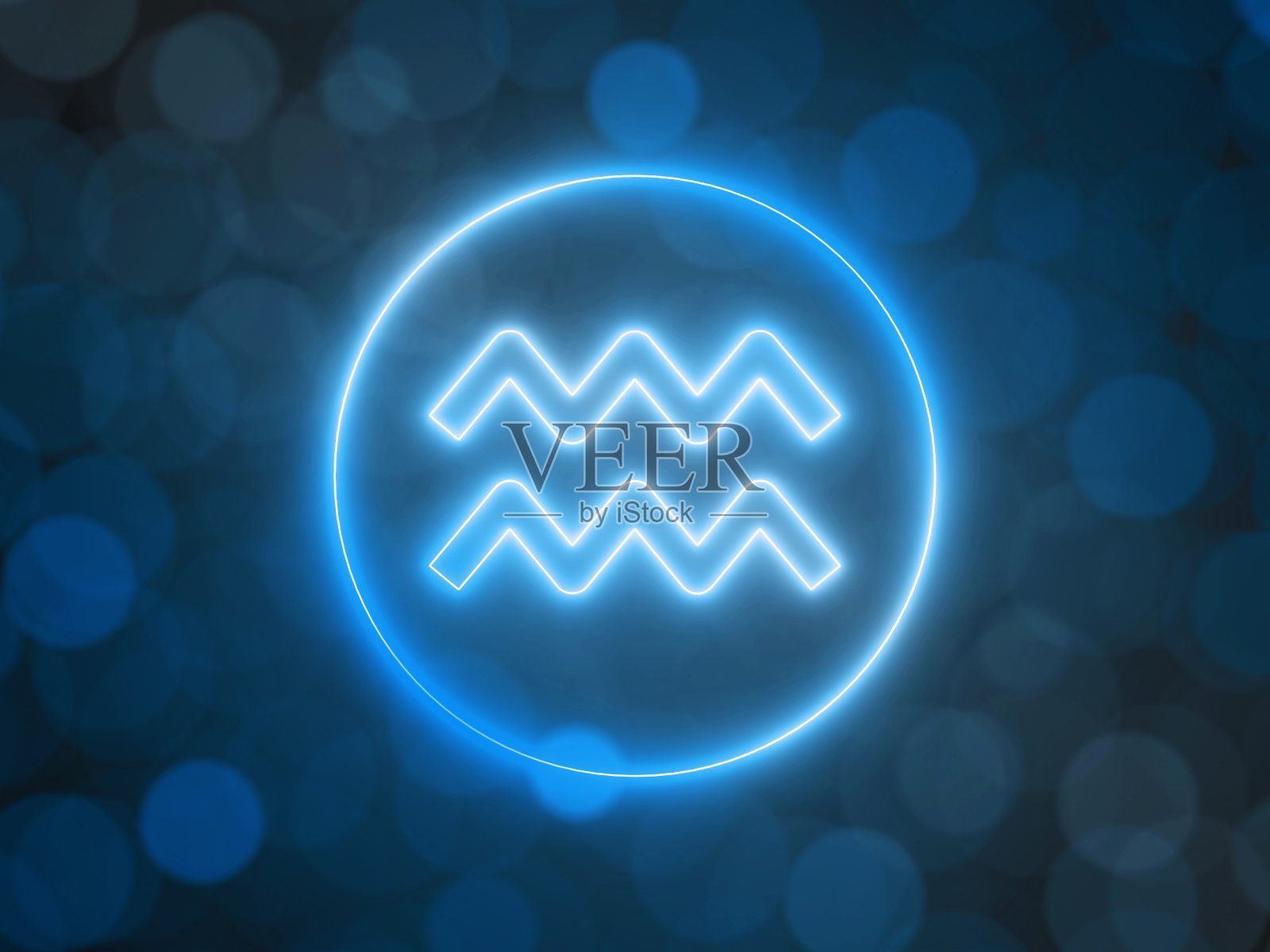 明亮的水瓶座霓虹灯和模糊的散景背景。三维演示照片摄影图片