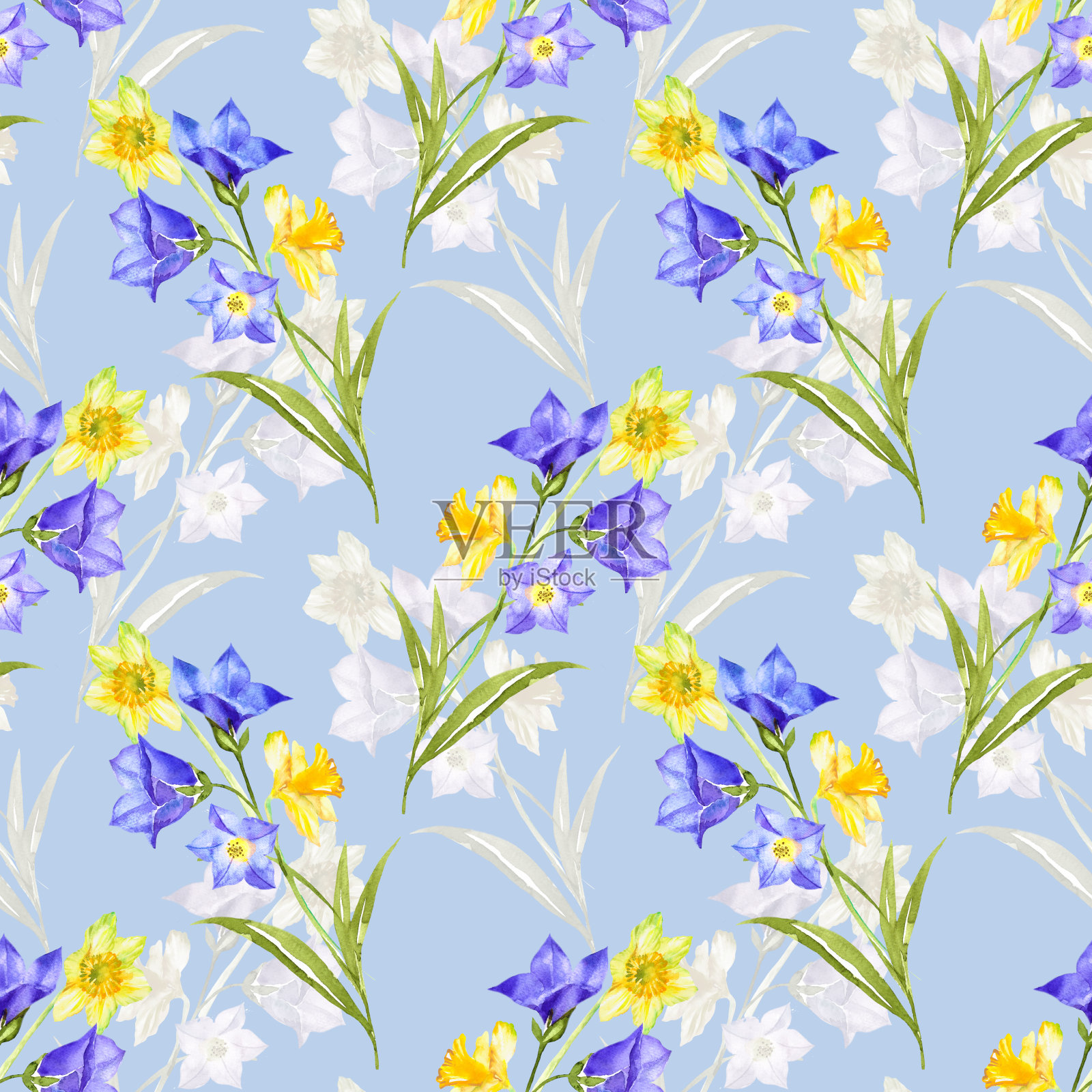 花无缝图案与风信子和水仙花水彩画。插画图片素材