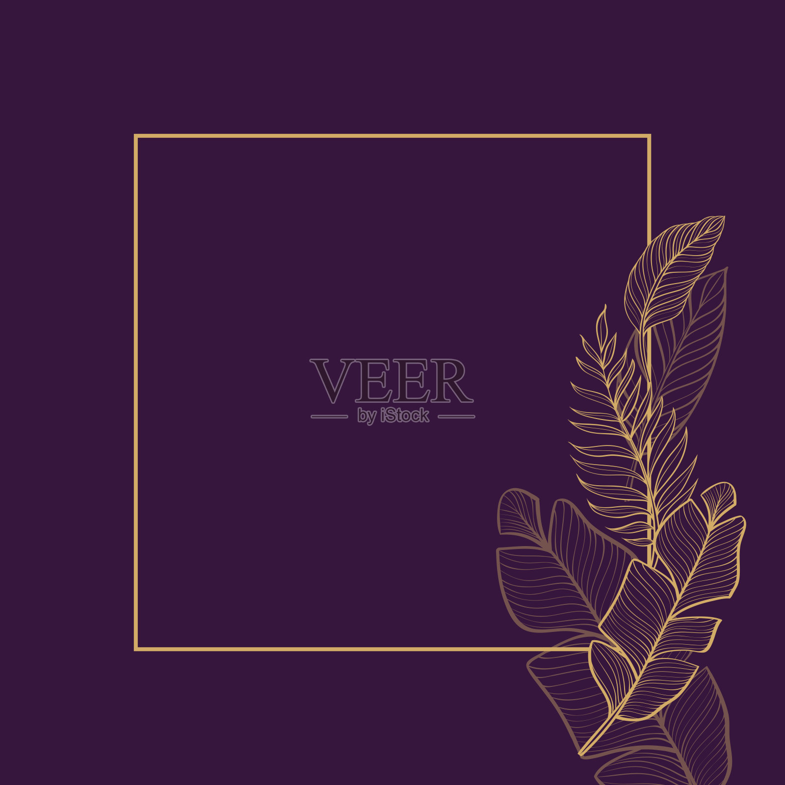 框架与热带金色树叶在黑暗的背景。明信片。手绘插图。画线插画图片素材