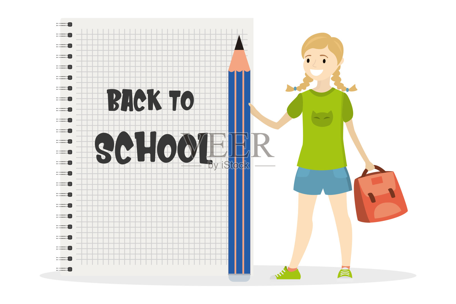 快乐的白人学生拿着大铅笔和书包插画图片素材
