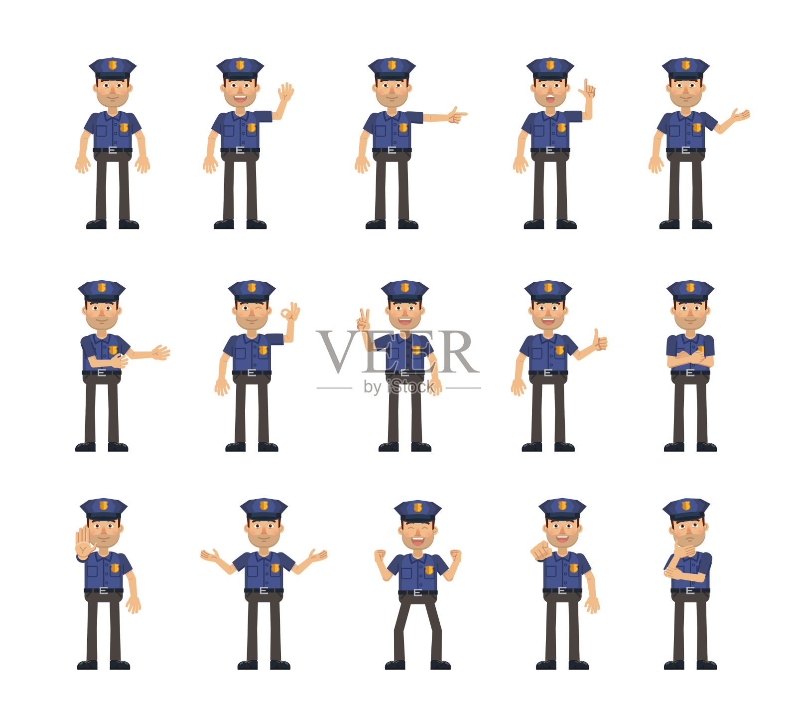 一套警察字符显示不同的手势。民警展示竖起大拇指的手势、指指点点、问候、胜利、停车等手势插画图片素材