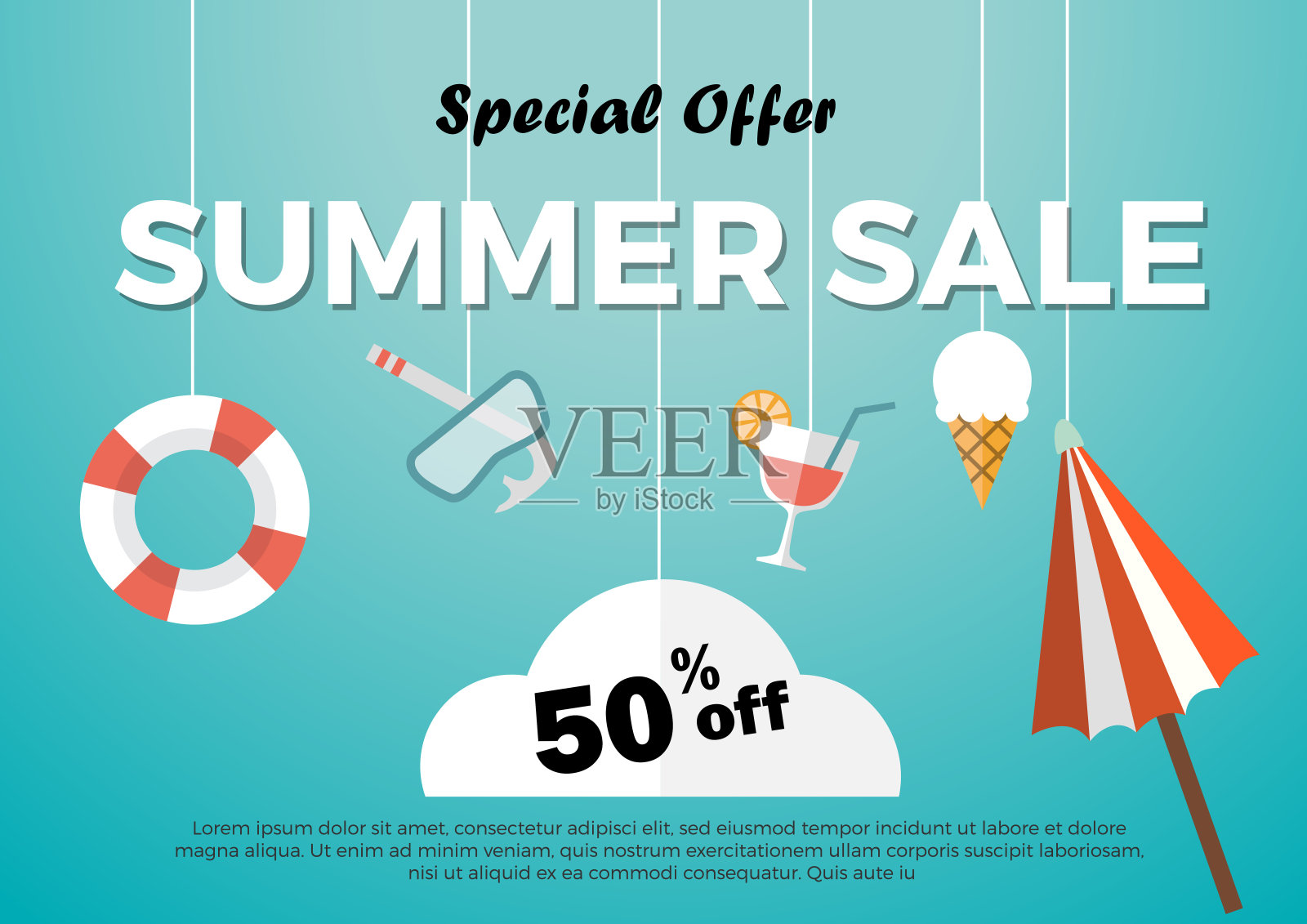 夏季大减价装饰折纸挂在背景。矢量插图推广，折扣和提供设计模板素材