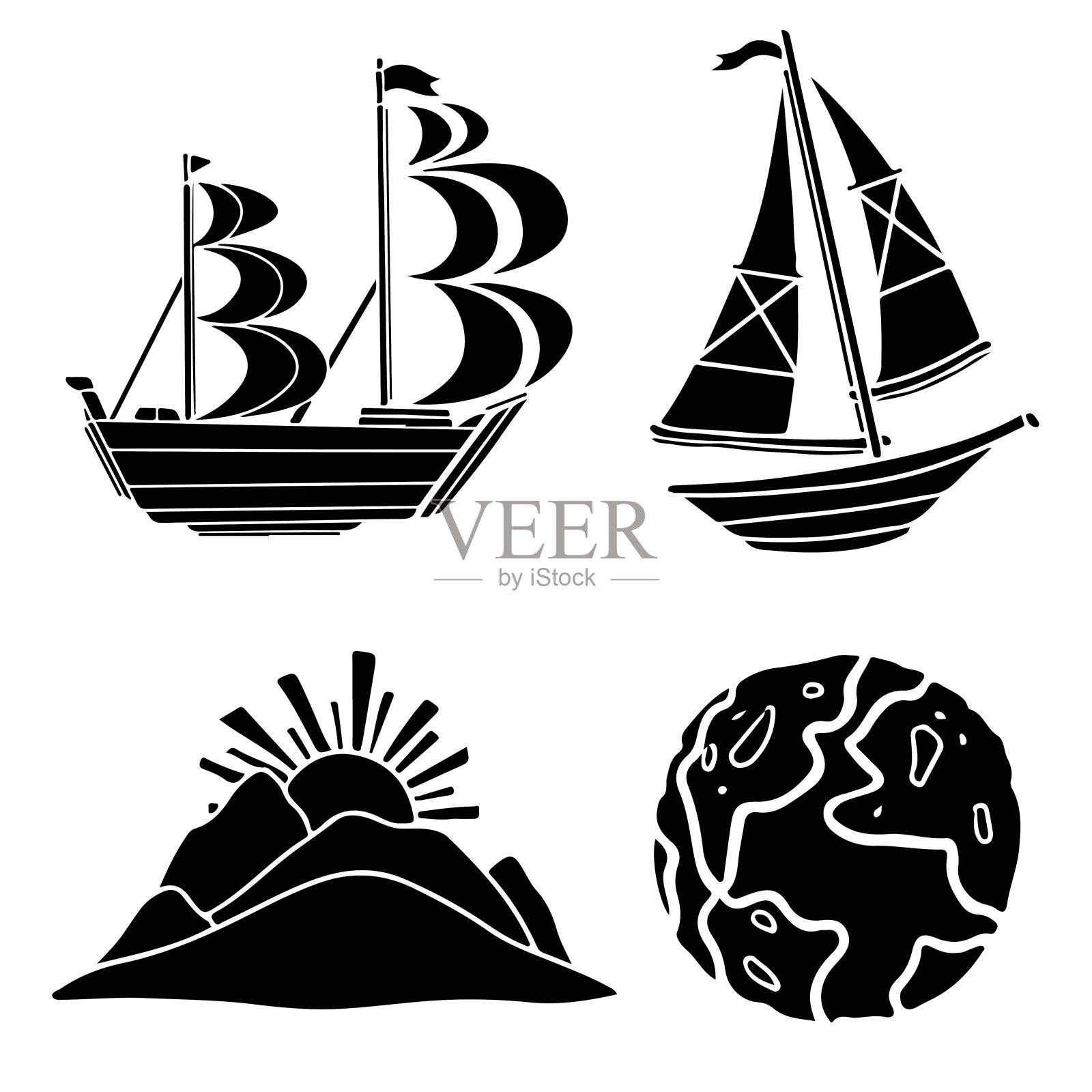 船，船，山，太阳，地插画图片素材