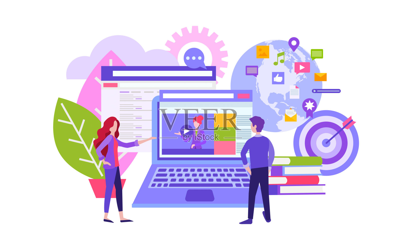 平面矢量插图在线教育概念。培训年轻人从社交媒体和网络课程中获取知识。插画图片素材