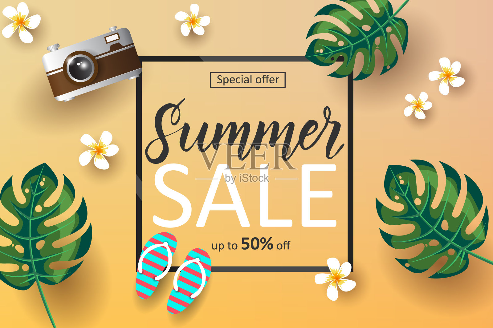 夏季销售背景与棕榈叶，相机，热带花卉，人字拖和字母。特别优惠价。最多打五折。设计模板素材