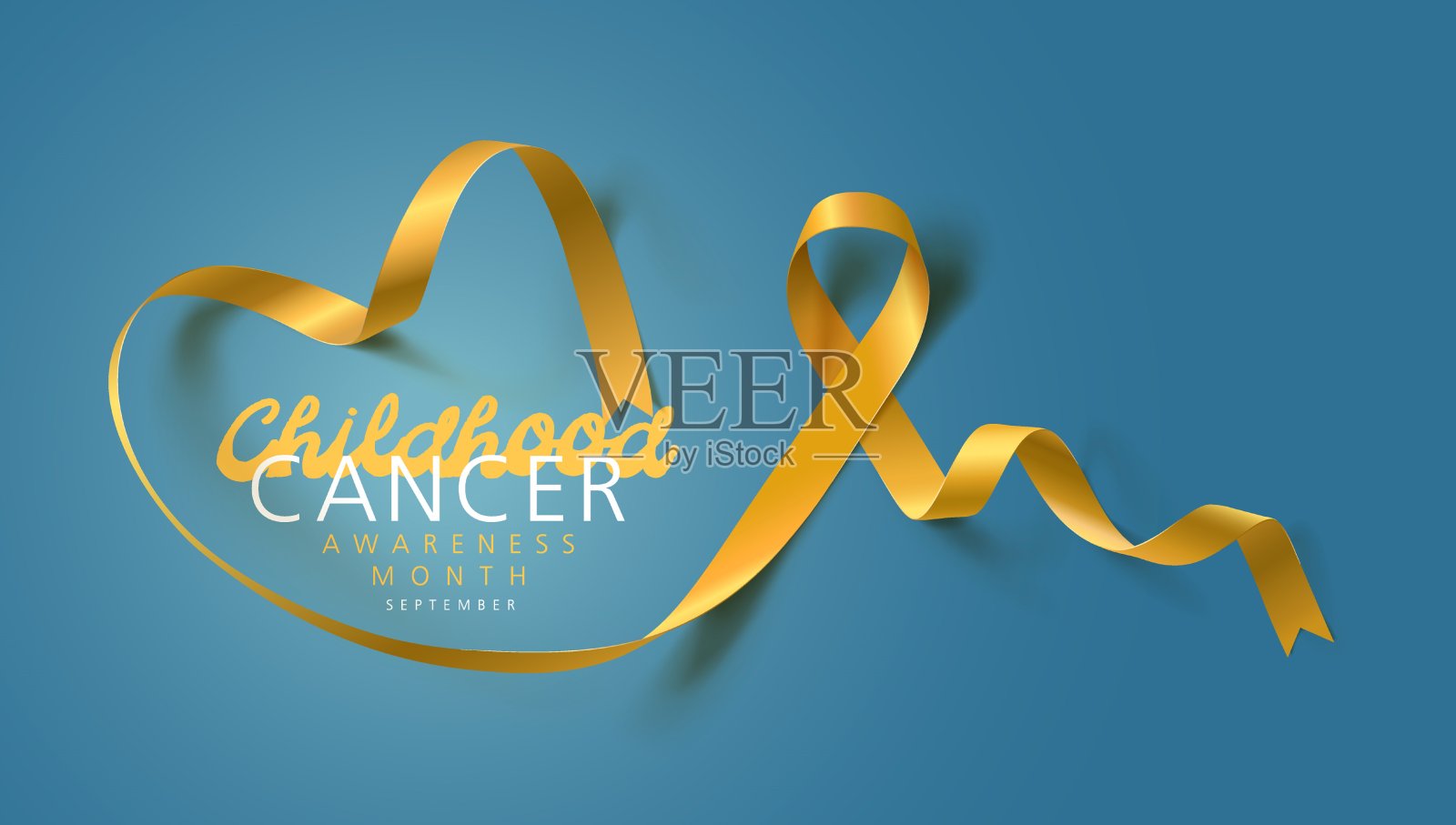 儿童癌症意识书法海报设计。现实的金色丝带。9月是癌症宣传月。向量插画图片素材