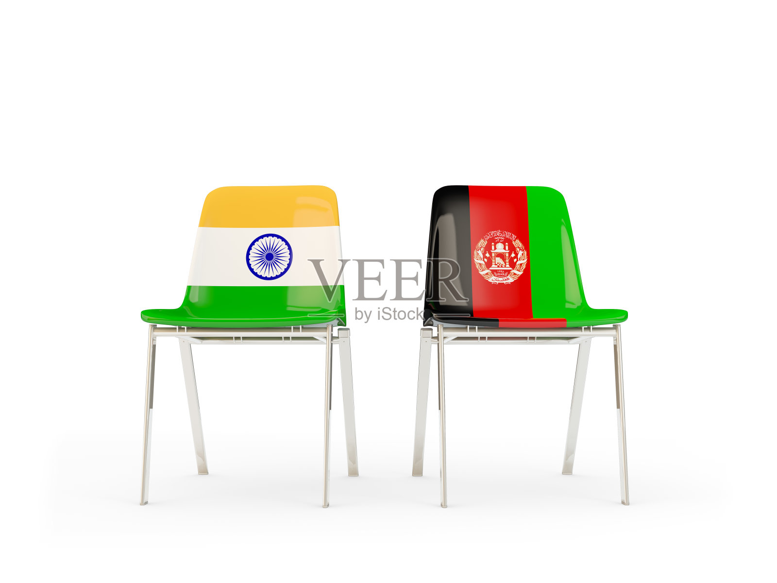 两把印有印度和阿富汗国旗的椅子照片摄影图片