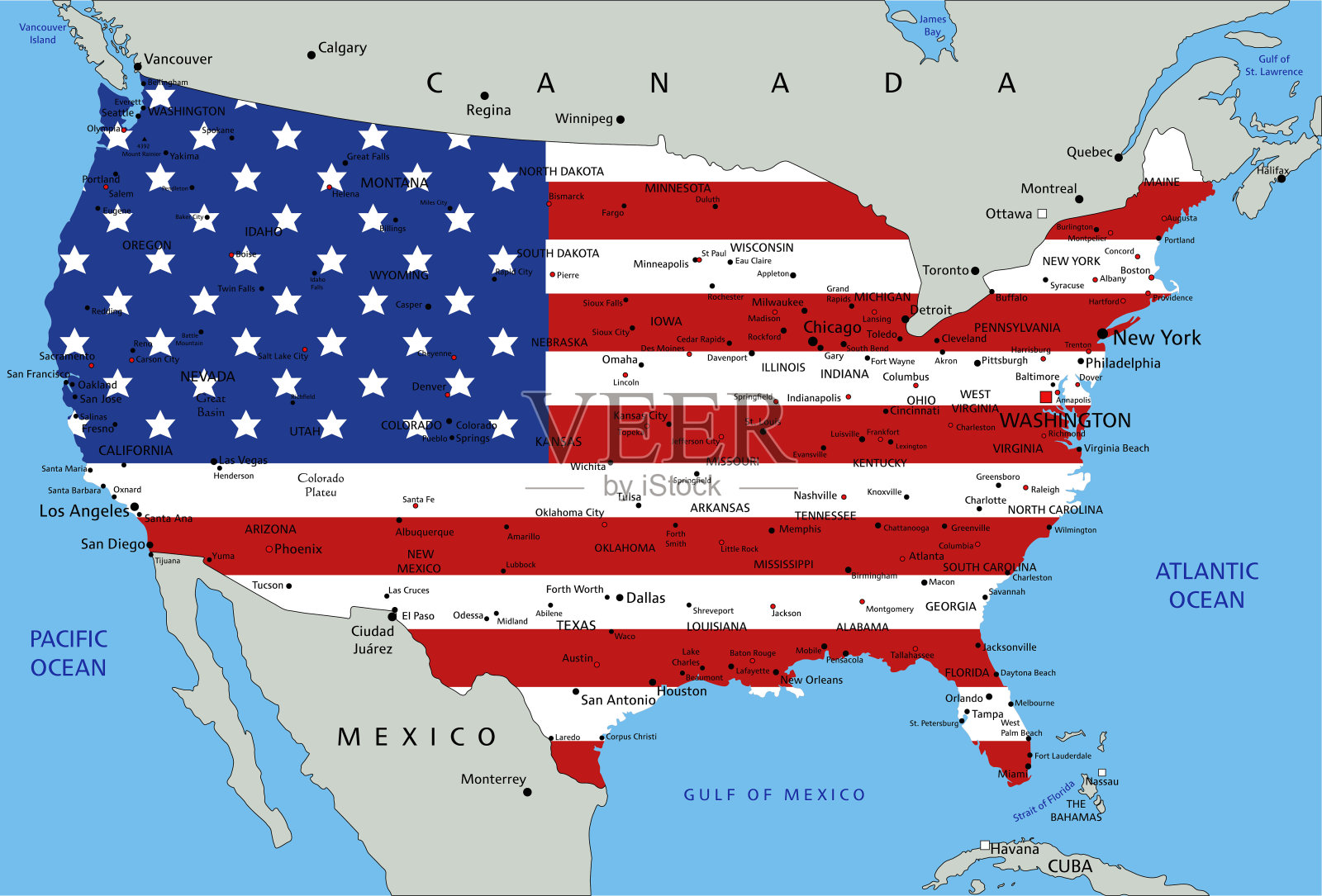 美利坚合众国高度详细的带有国旗的政治地图。插画图片素材