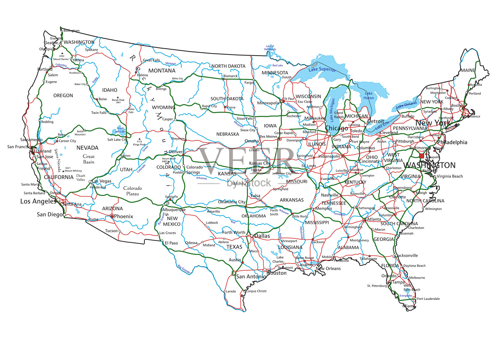 美利坚合众国公路和公路地图。矢量插图。插画图片素材