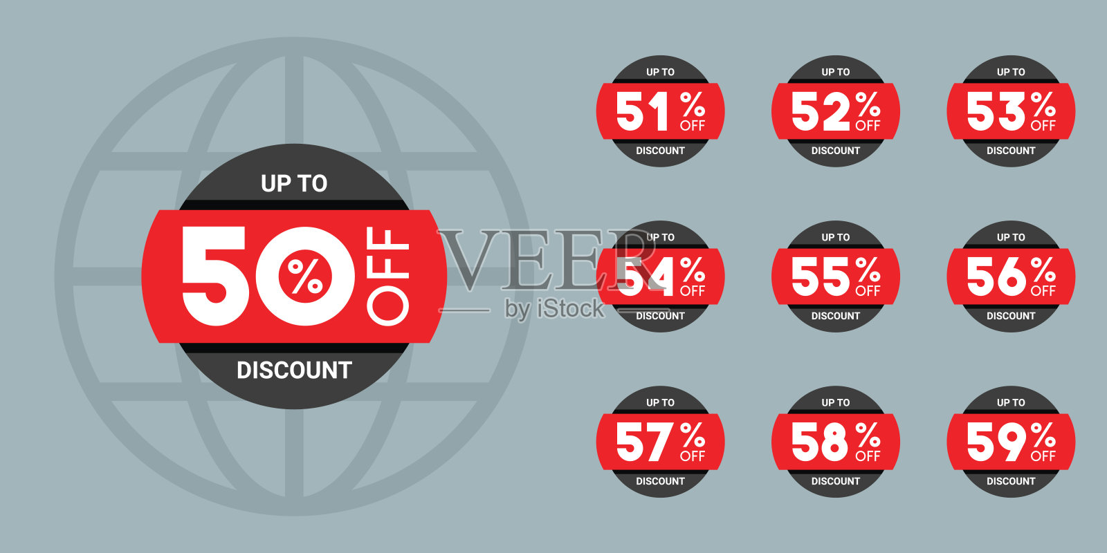 销售标签设置矢量徽章模板，50 off, 51%， 52, 53, 54, 55, 56, 57, 58, 59%销售标签符号设计元素图片
